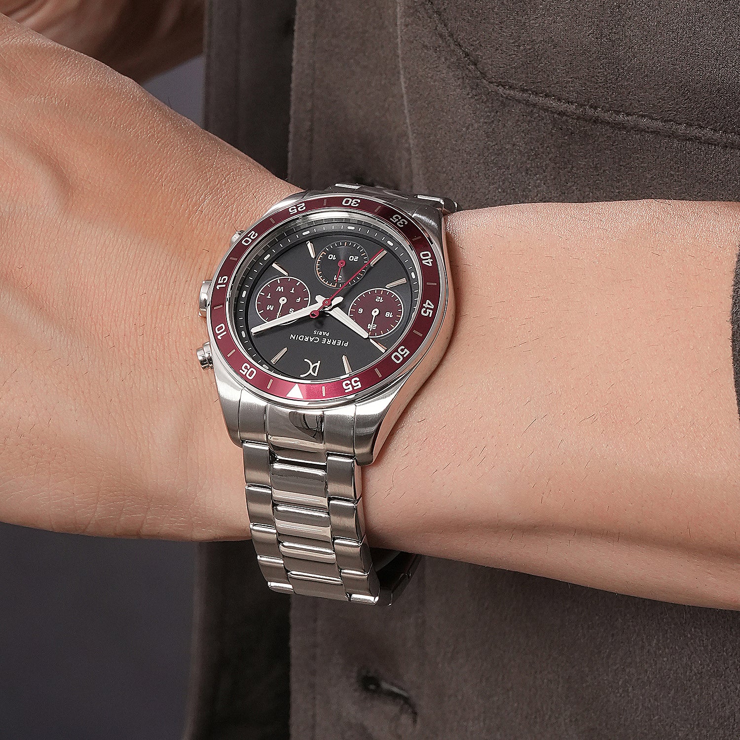 Nation Cristal Men’s 42mm Multifunction Watch - Silver Case, Black Dial with Wine Panda Eyes, Wine Bezel, and Silver Metal Strap - Image 7