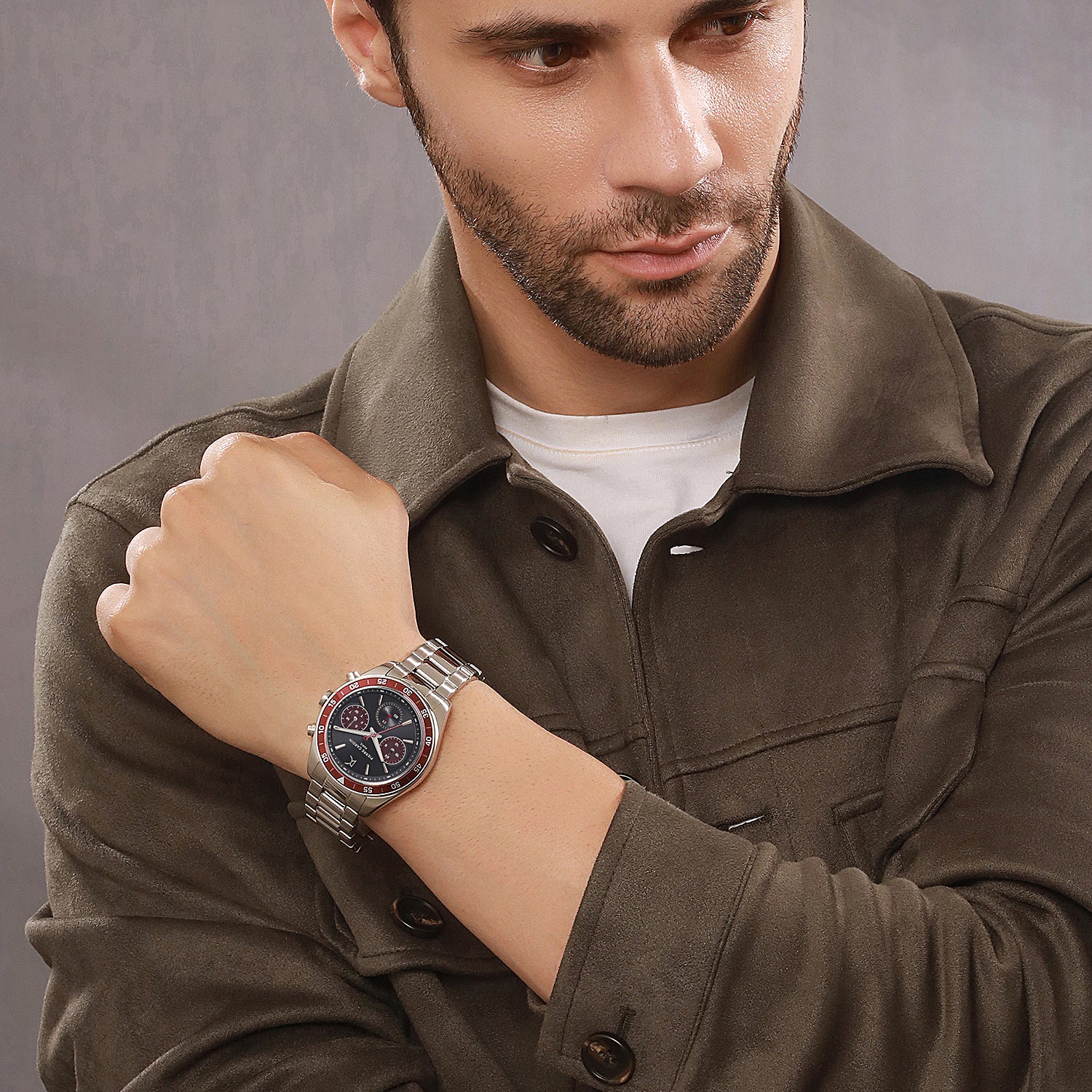 Nation Cristal Men’s 42mm Multifunction Watch - Silver Case, Black Dial with Wine Panda Eyes, Wine Bezel, and Silver Metal Strap - Image 8