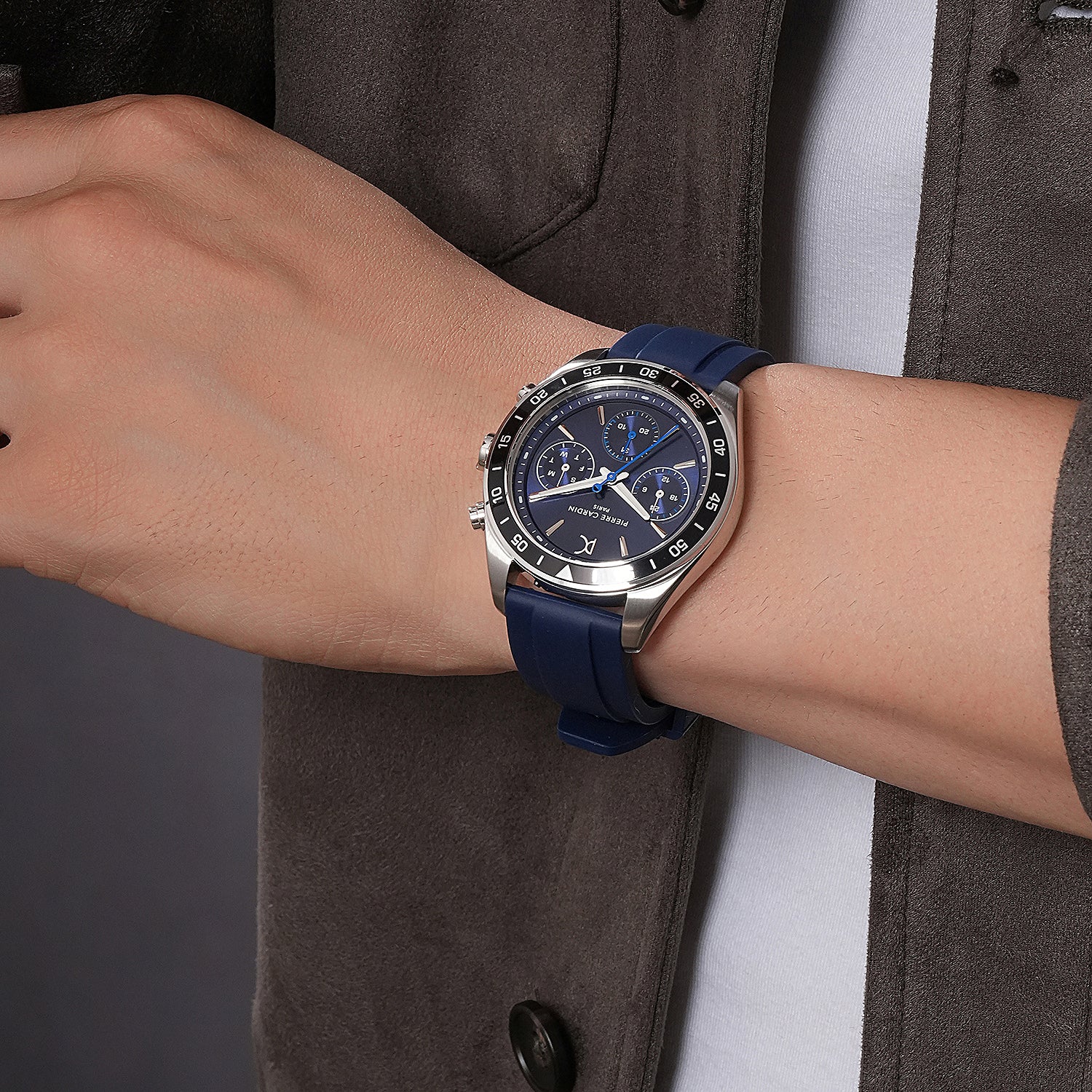 Nation Cristal Men’s 42mm Multifunction Watch - Silver Case, Blue Dial, Black Bezel with Blue Silicone Strap - Image 7