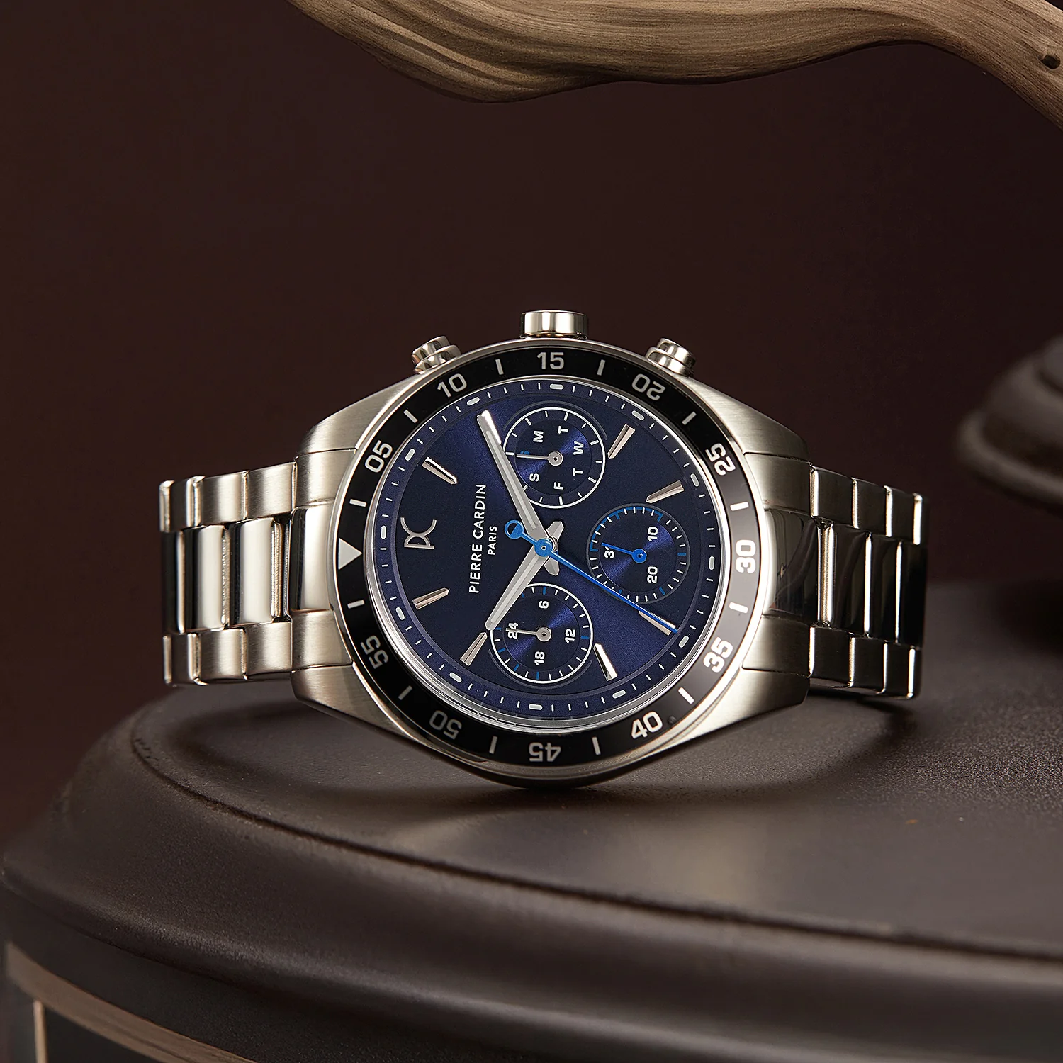 Nation Cristal Men’s 42mm Multifunction Watch - Silver Case, Blue Dial, Black Bezel with Silver Metal Strap - Image 5