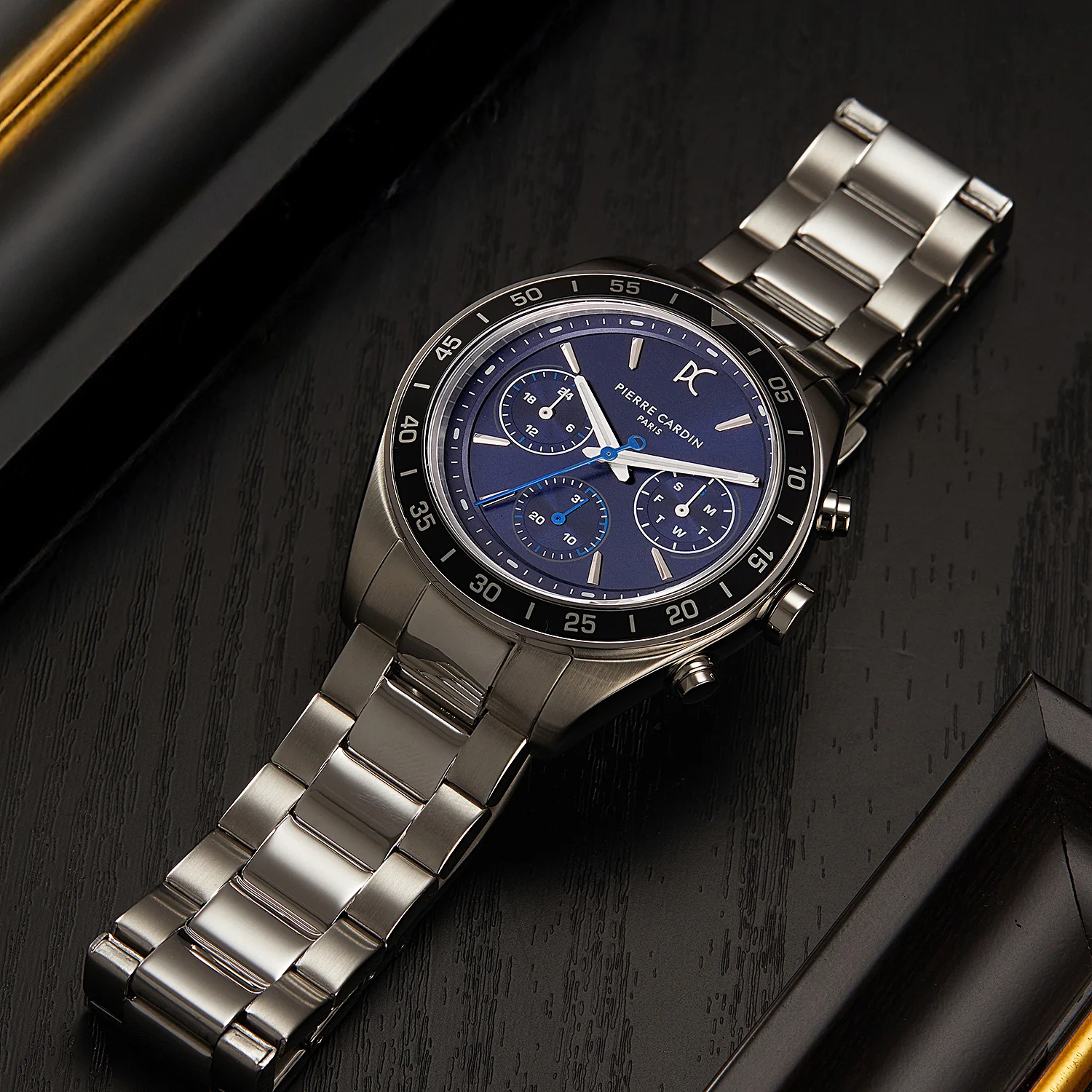 Nation Cristal Men’s 42mm Multifunction Watch - Silver Case, Blue Dial, Black Bezel with Silver Metal Strap - Image 6