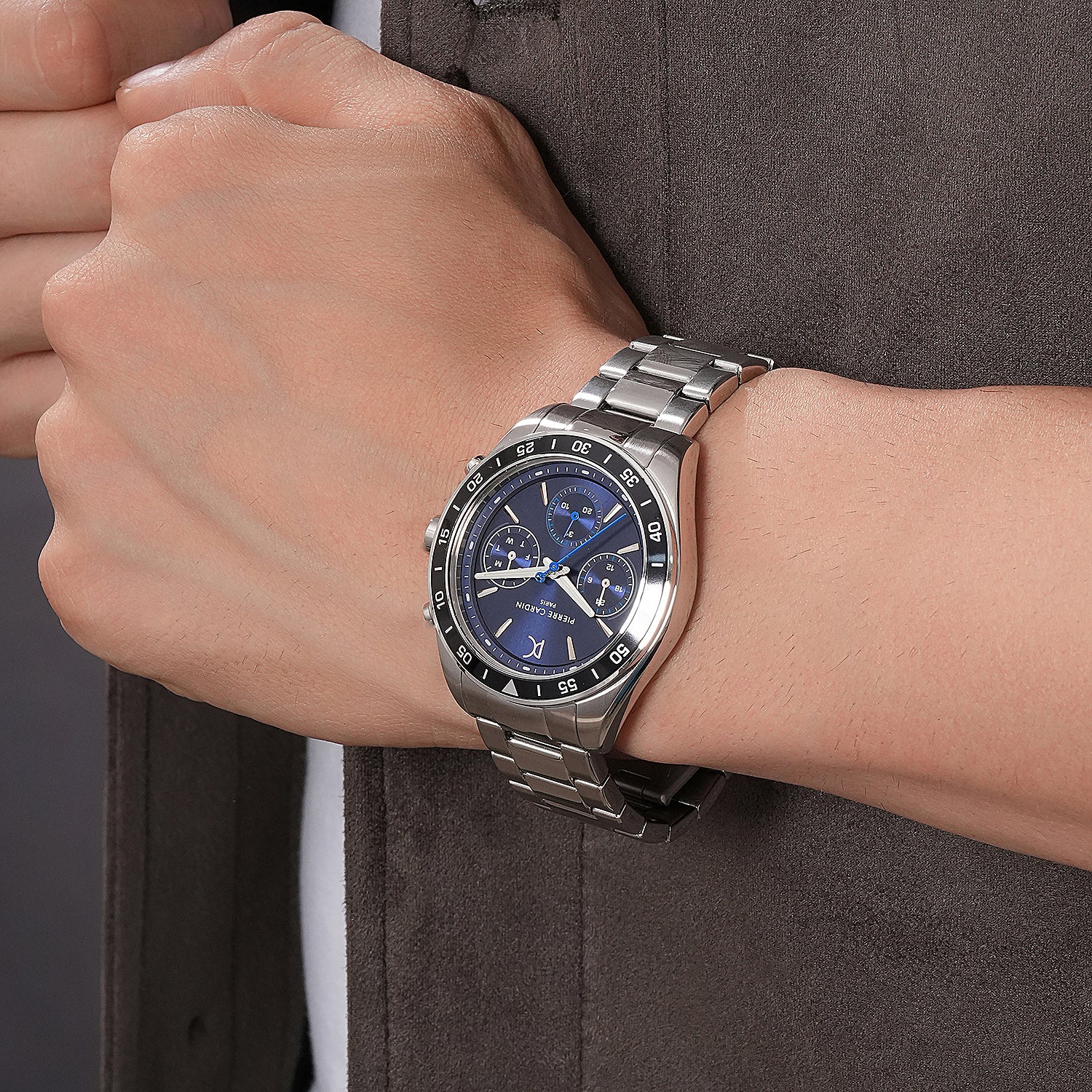 Nation Cristal Men’s 42mm Multifunction Watch - Silver Case, Blue Dial, Black Bezel with Silver Metal Strap - Image 7