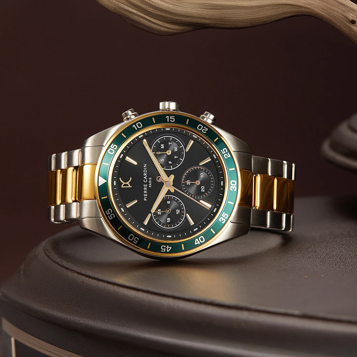 Nation Cristal Men’s 42mm Multifunction Watch - Two-Tone Gold & Silver Case, Black Dial, Green Bezel with Silver Metal Strap