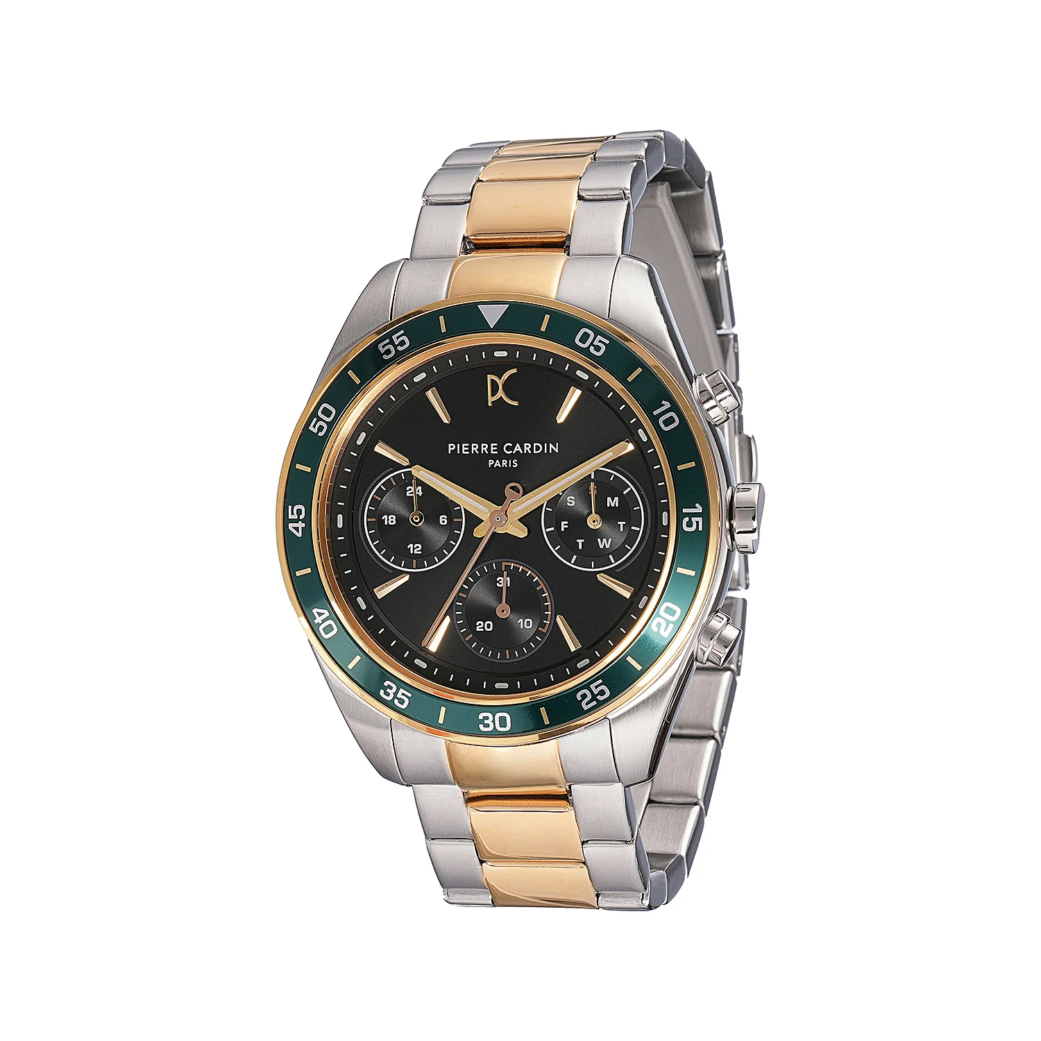 Nation Cristal Men’s 42mm Multifunction Watch - Two-Tone Gold & Silver Case, Black Dial, Green Bezel with Silver Metal Strap - Image 2