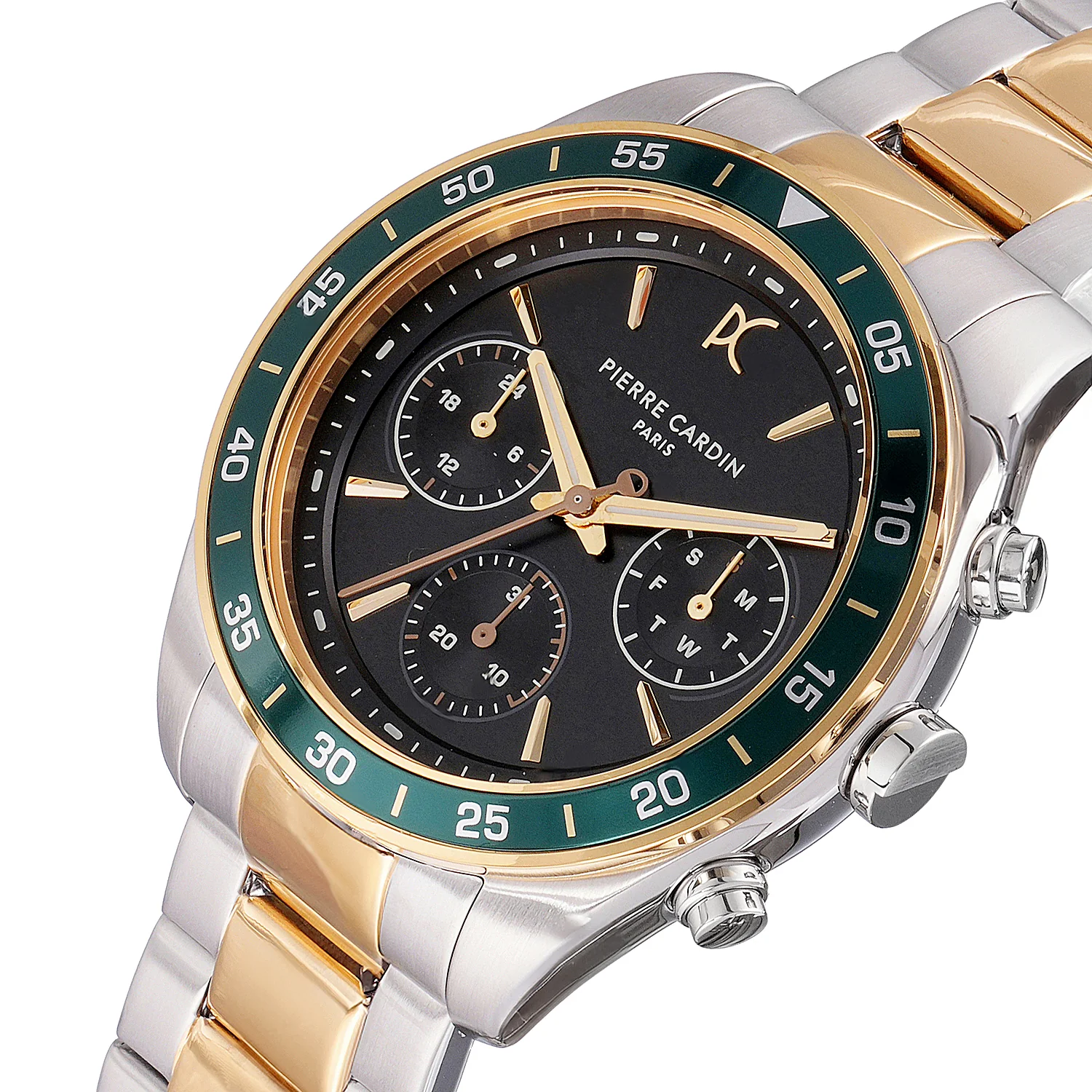 Nation Cristal Men’s 42mm Multifunction Watch - Two-Tone Gold & Silver Case, Black Dial, Green Bezel with Silver Metal Strap - Image 3