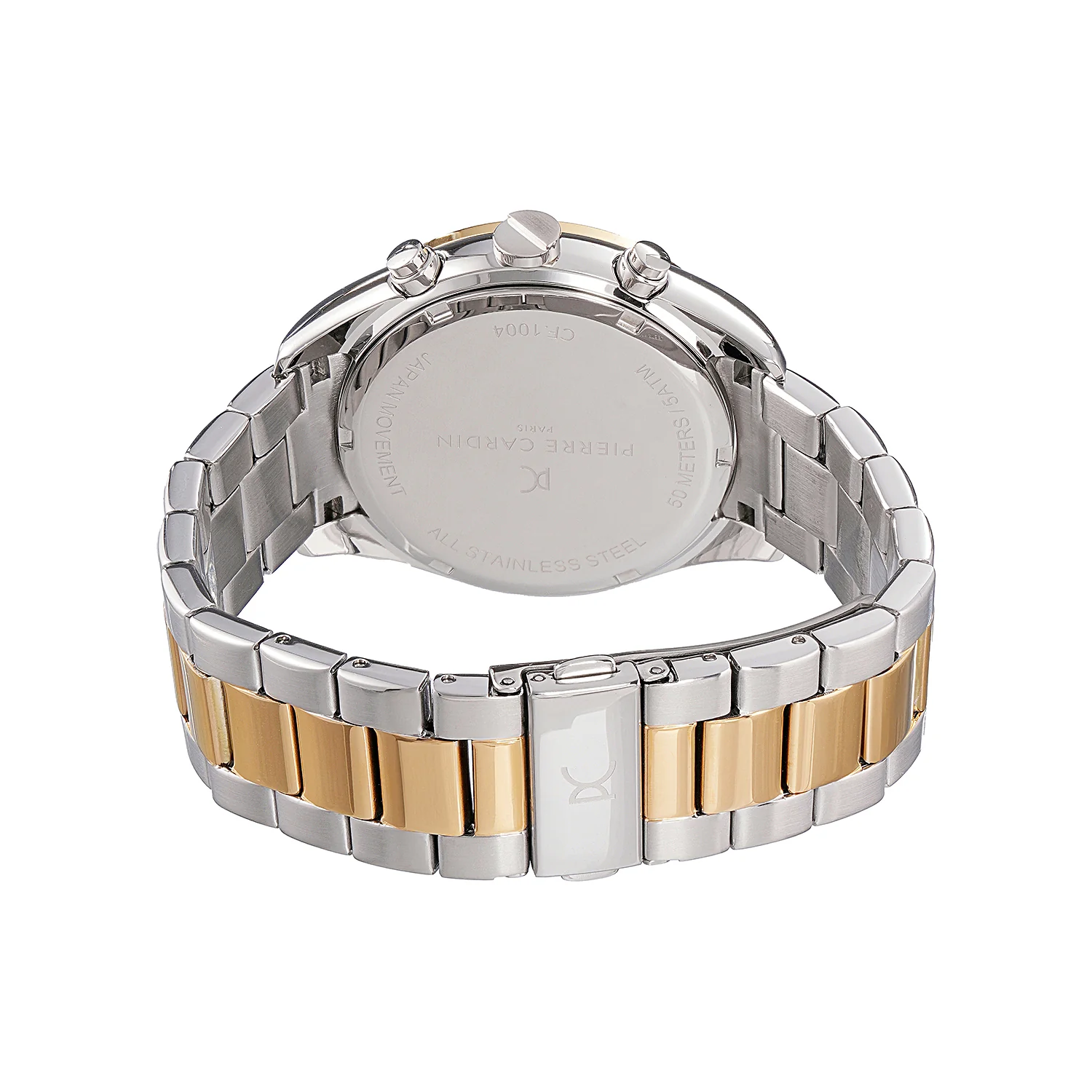 Nation Cristal Men’s 42mm Multifunction Watch - Two-Tone Gold & Silver Case, Black Dial, Green Bezel with Silver Metal Strap - Image 4