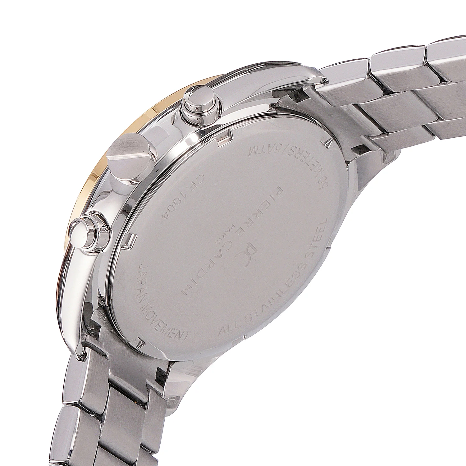 Nation Cristal Men’s 42mm Multifunction Watch - Two-Tone Gold & Silver Case, Black Dial, Green Bezel with Silver Metal Strap - Image 5