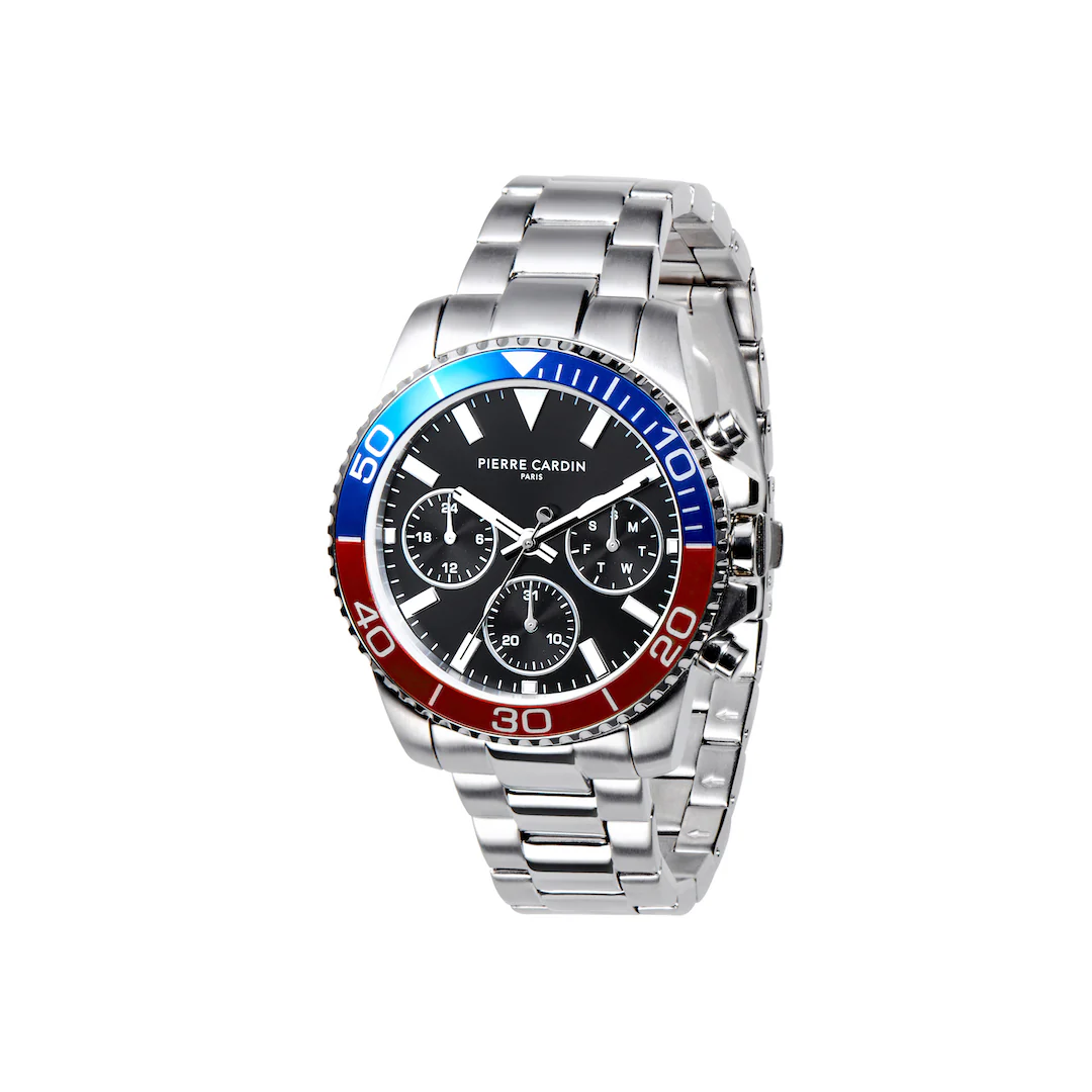 Nation Posh Multifunction watch with Black Dial and Blue Red bezel with a Metal Links Strap