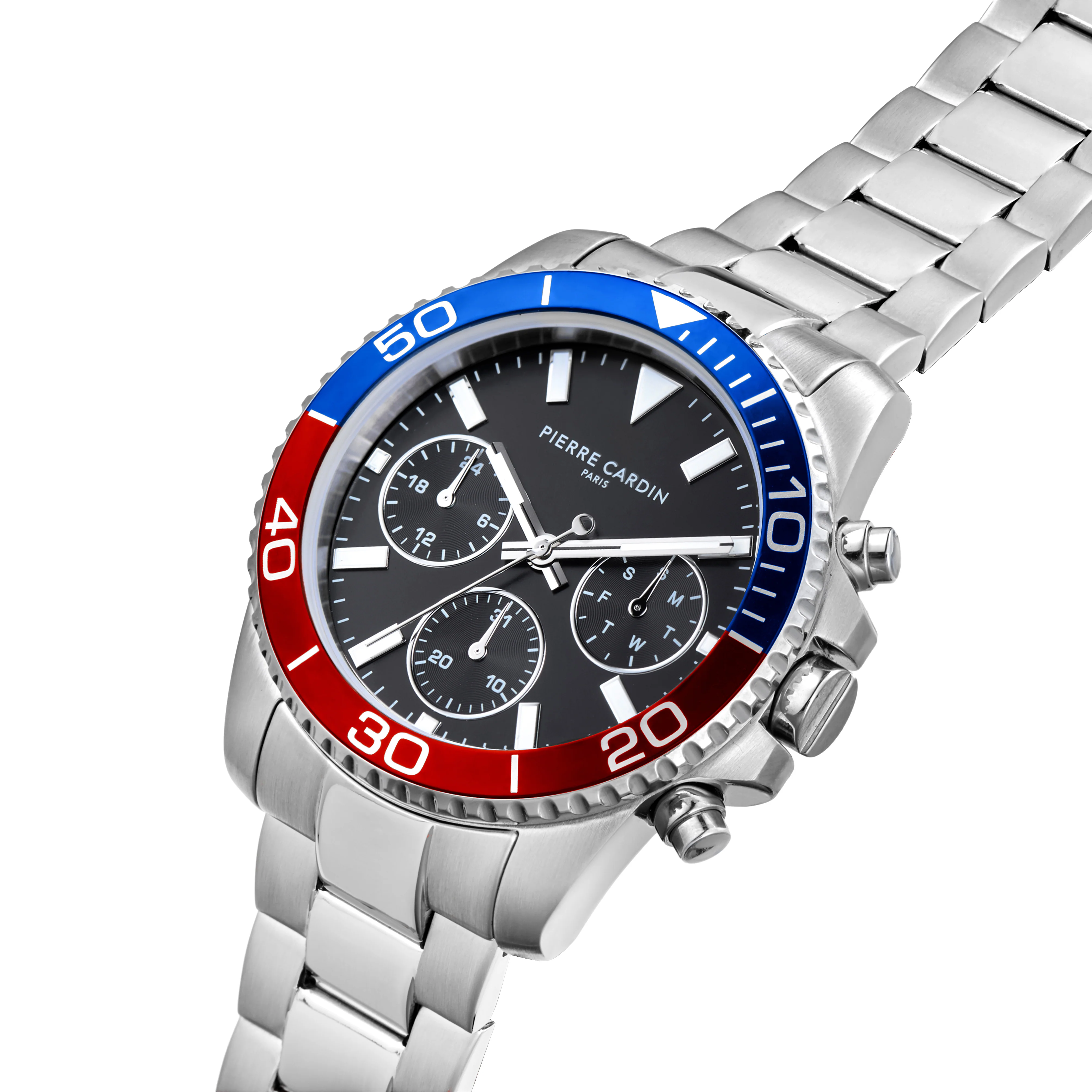 Nation Posh Multifunction watch with Black Dial and Blue Red bezel with a Metal Links Strap - Image 2