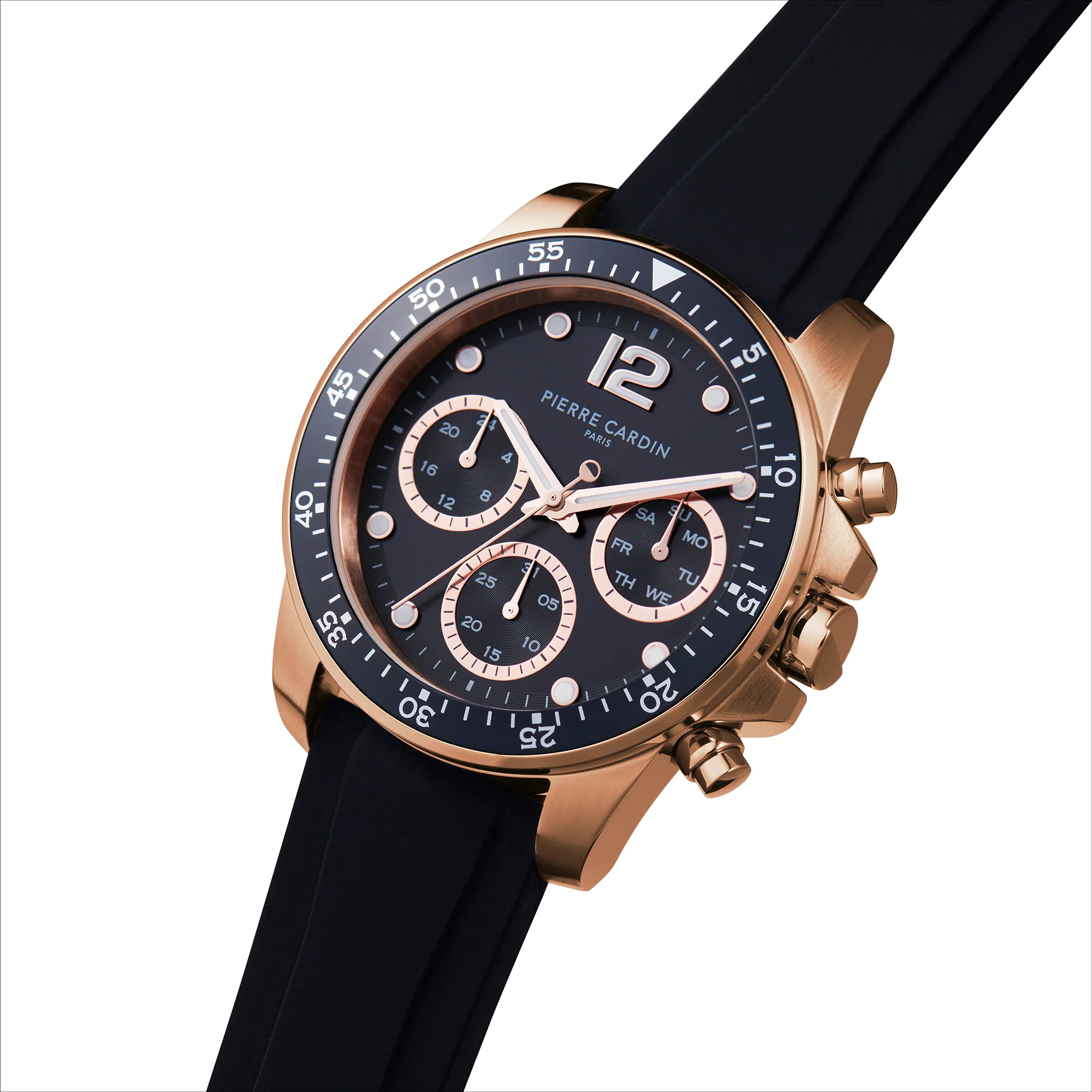 Nation Swank Multifunction Rose Gold watch with Black Dial with Black Bezel with a Rubber Strap - Image 2