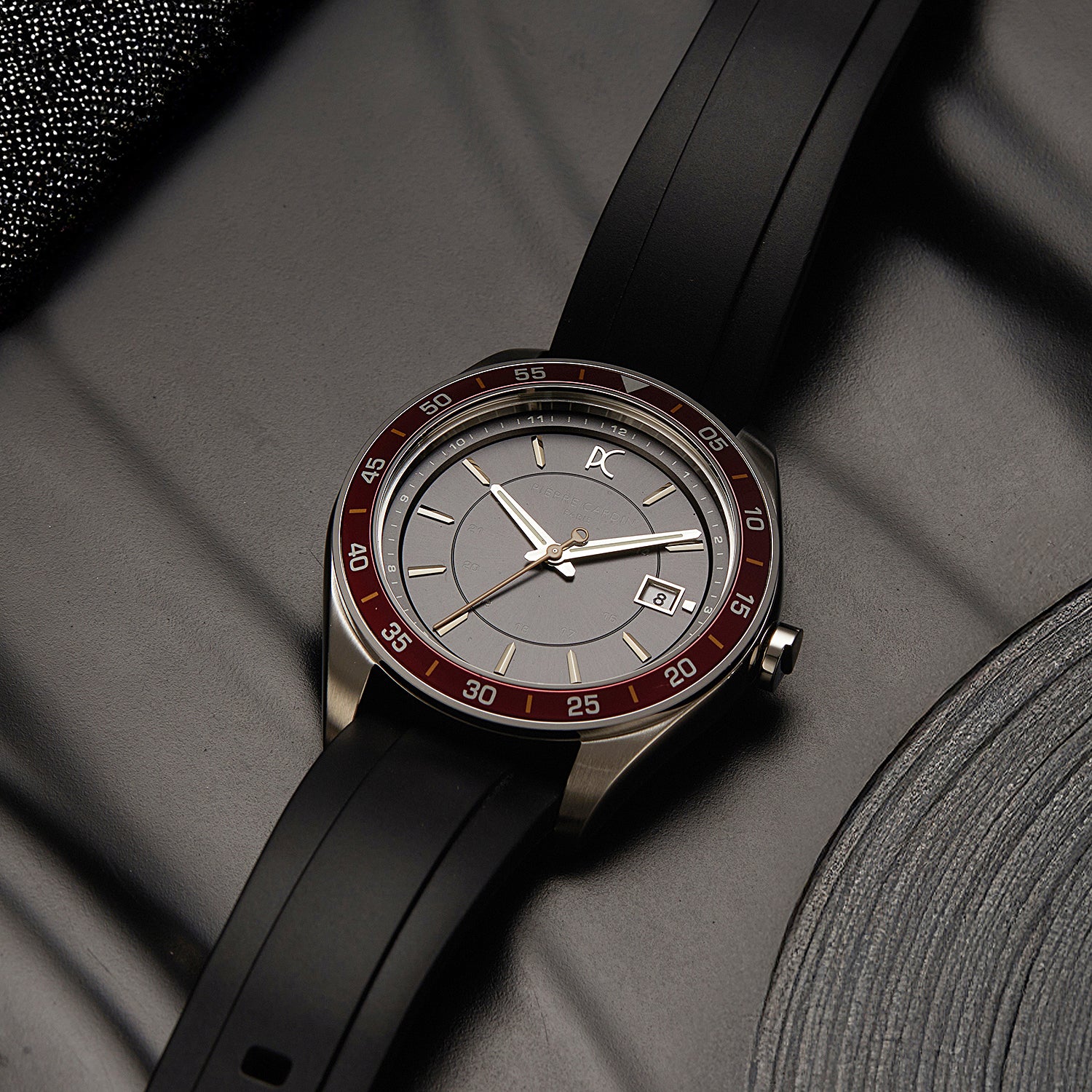 Nation Verre Men’s 42mm Sport Watch - Black Dial, Wine Bezel with Black Silicone Strap - Image 5