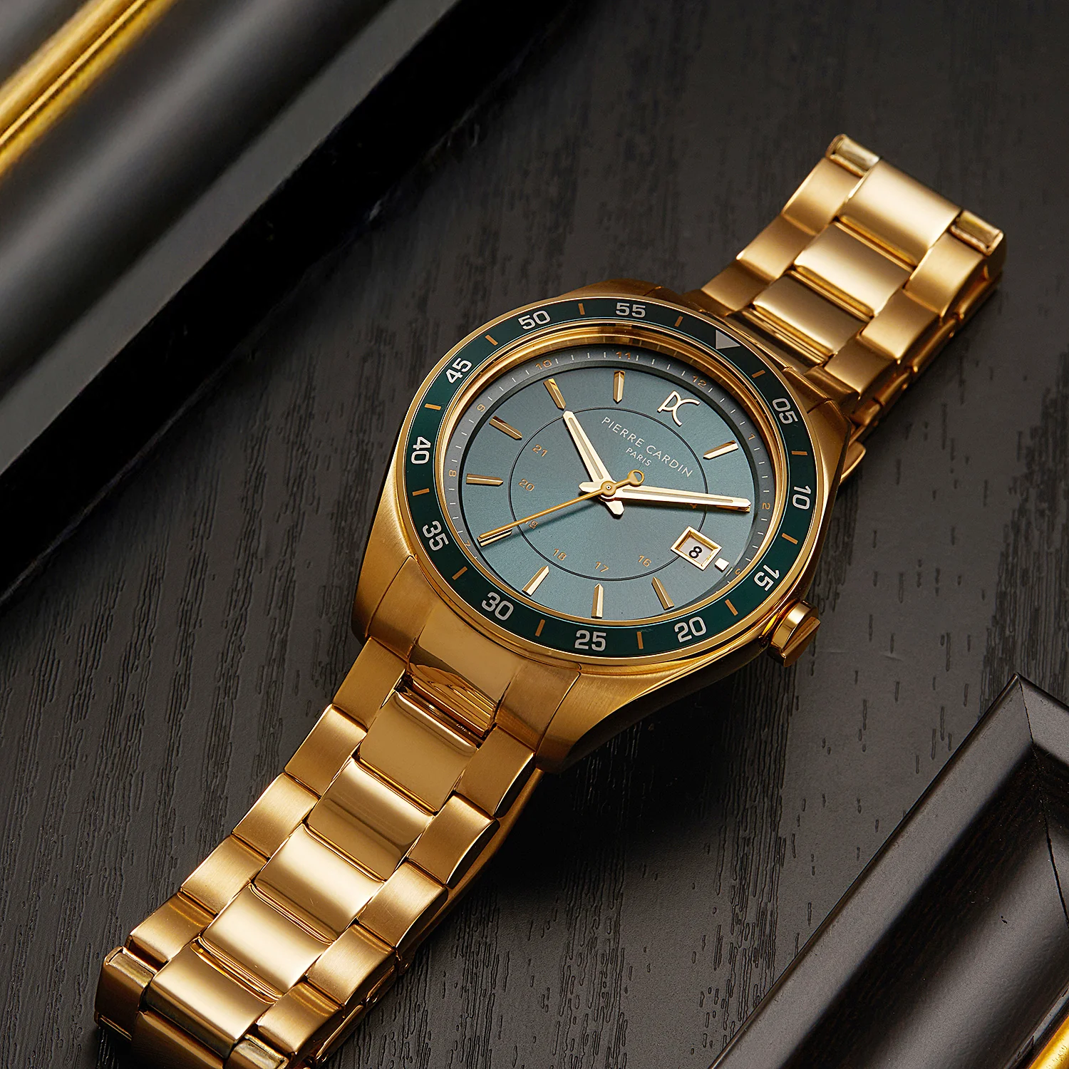 Nation Verre Men’s 42mm Sport Watch - Gold Case, Green Bezel, Green Silicone Strap - Image 6