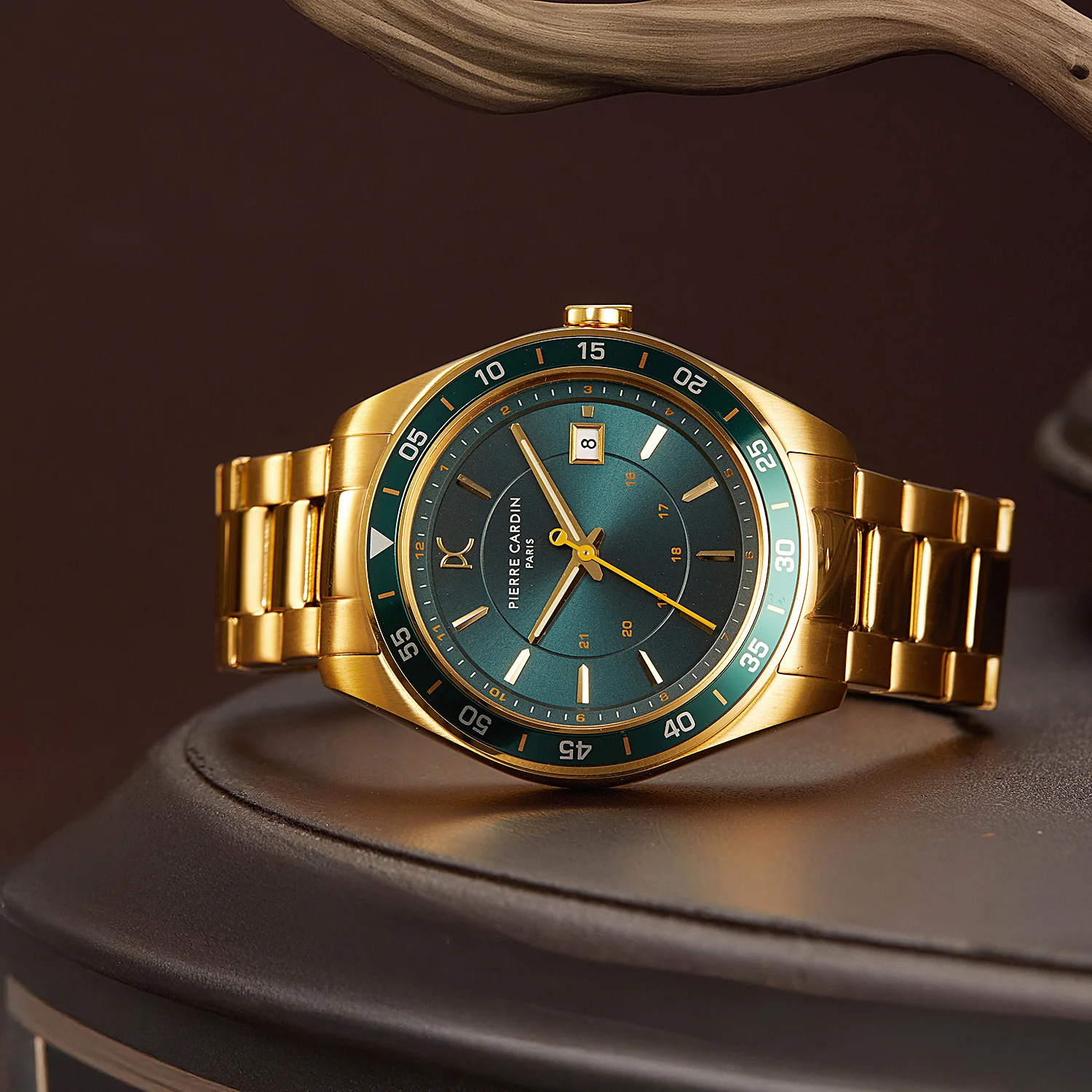 Nation Verre Men’s 42mm Sport Watch - Gold Case, Green Bezel, Green Silicone Strap - Image 7
