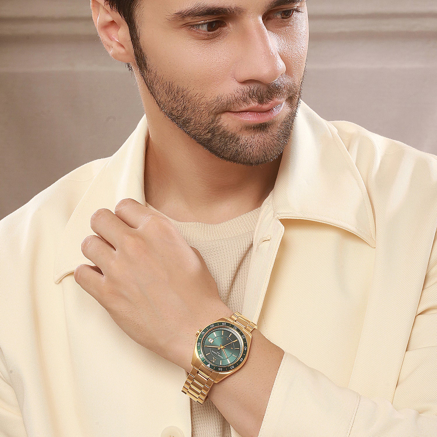 Nation Verre Men’s 42mm Sport Watch - Gold Case, Green Bezel, Green Silicone Strap - Image 8