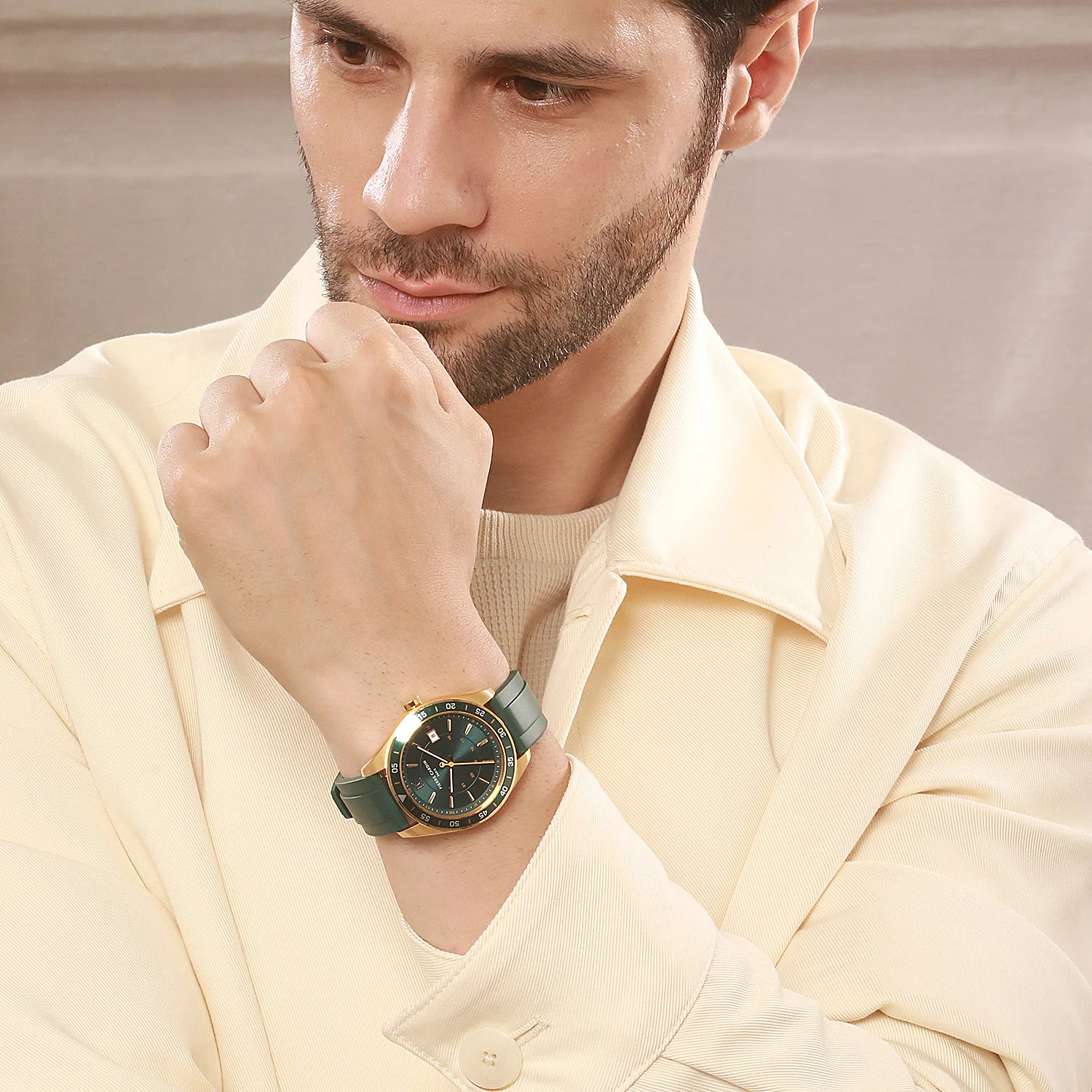 Nation Verre Men’s 42mm Sport Watch - Gold Case, Green Dial, Green Bezel with Green Silicone Strap - Image 7