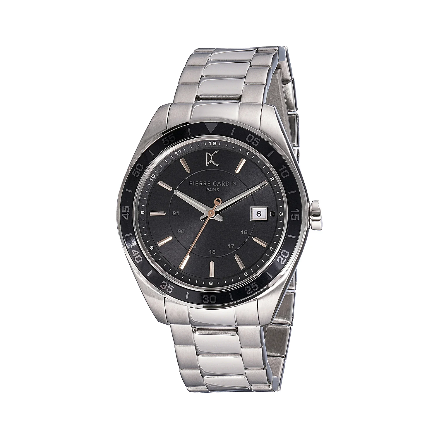 Nation Verre Men’s 42mm Sport Watch - Silver Case, Black Dial, Black Bezel with Silver Metal Strap