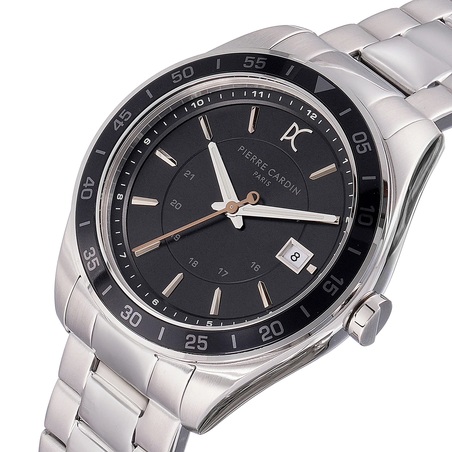 Nation Verre Men’s 42mm Sport Watch - Silver Case, Black Dial, Black Bezel with Silver Metal Strap - Image 2