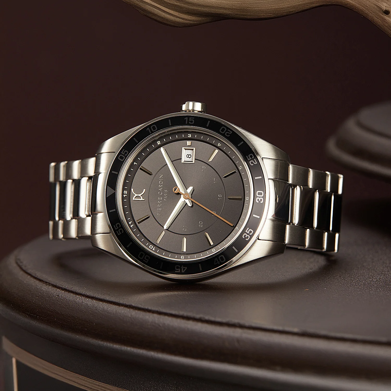 Nation Verre Men’s 42mm Sport Watch - Silver Case, Black Dial, Black Bezel with Silver Metal Strap - Image 5