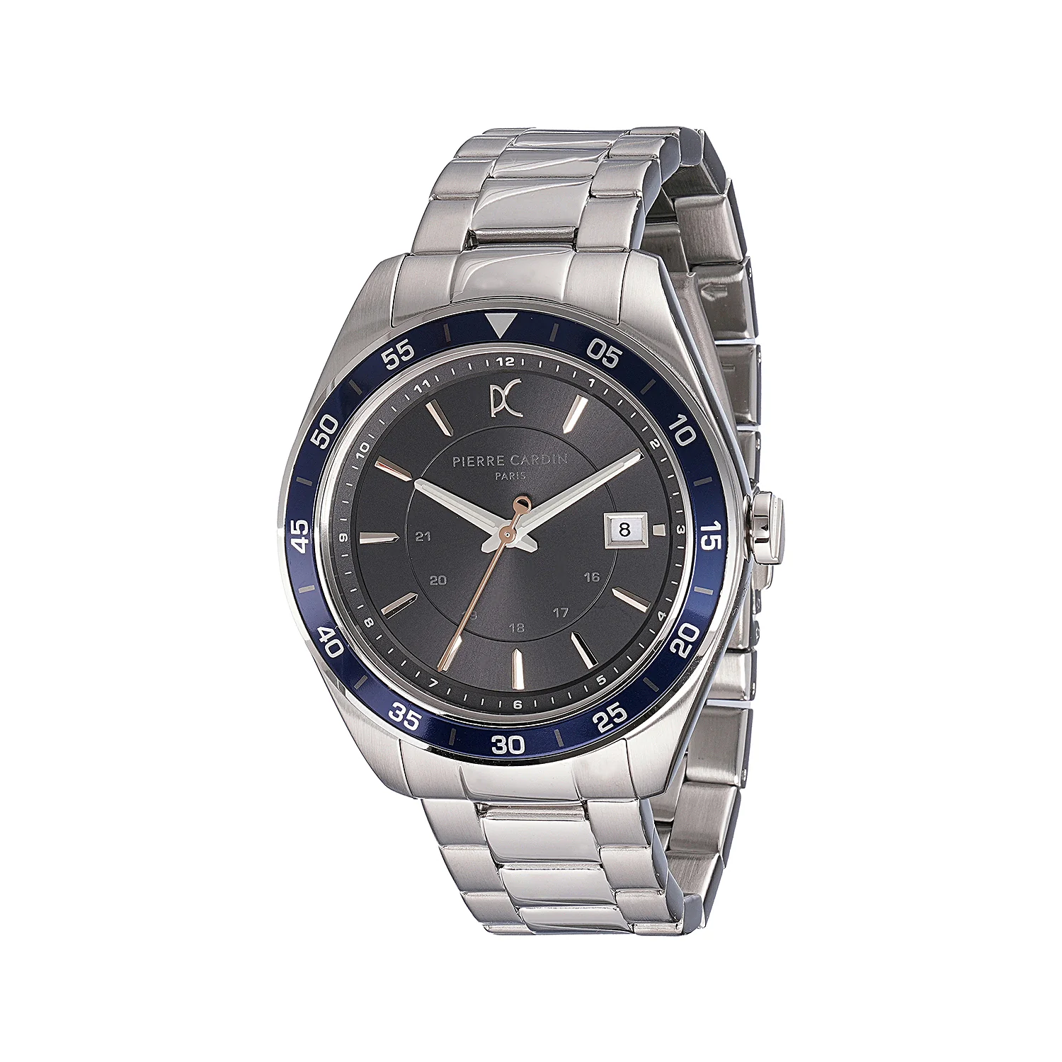 Nation Verre Men’s 42mm Sport Watch - Silver Case, Blue Bezel, Black Dial with Silver Metal Strap