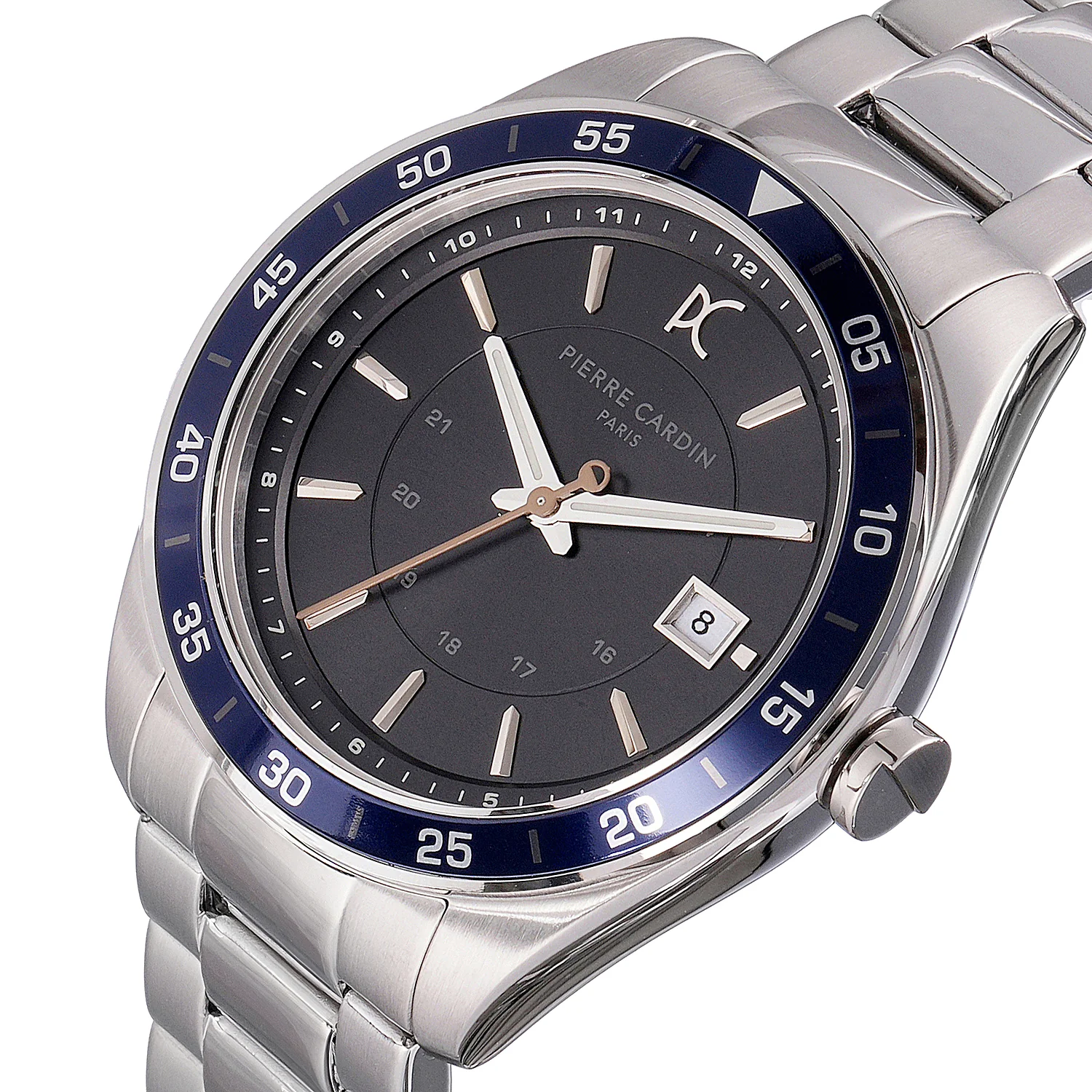 Nation Verre Men’s 42mm Sport Watch - Silver Case, Blue Bezel, Black Dial with Silver Metal Strap - Image 2