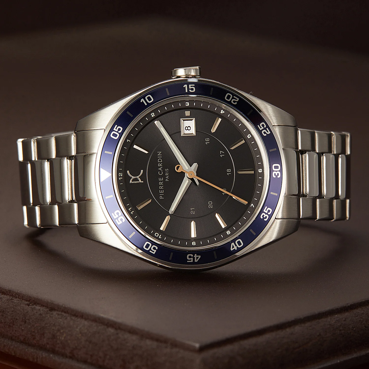 Nation Verre Men’s 42mm Sport Watch - Silver Case, Blue Bezel, Black Dial with Silver Metal Strap - Image 5