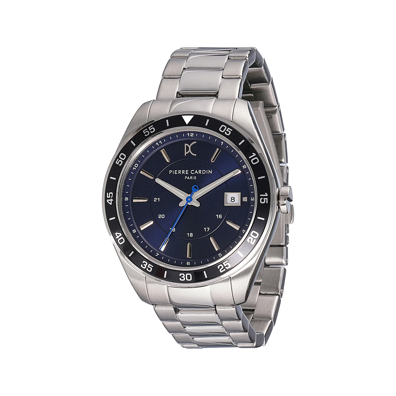 Nation Verre Men’s 42mm Sport Watch - Silver Case, Blue Bezel, Blue Dial with Silver Metal Strap