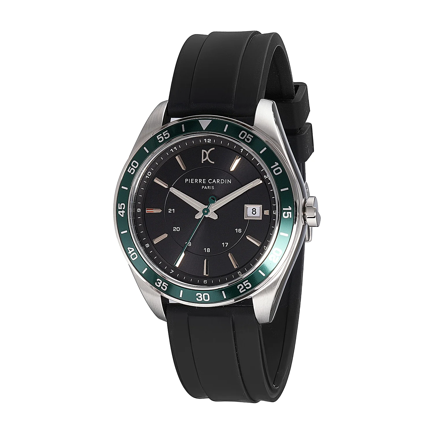 Nation Verre Men’s 42mm Sport Watch - Silver Case, Green Bezel, Black Dial with Black Silicone Strap