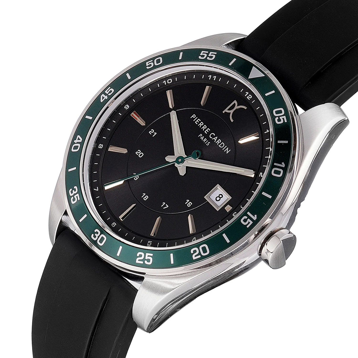 Nation Verre Men’s 42mm Sport Watch - Silver Case, Green Bezel, Black Dial with Black Silicone Strap - Image 2