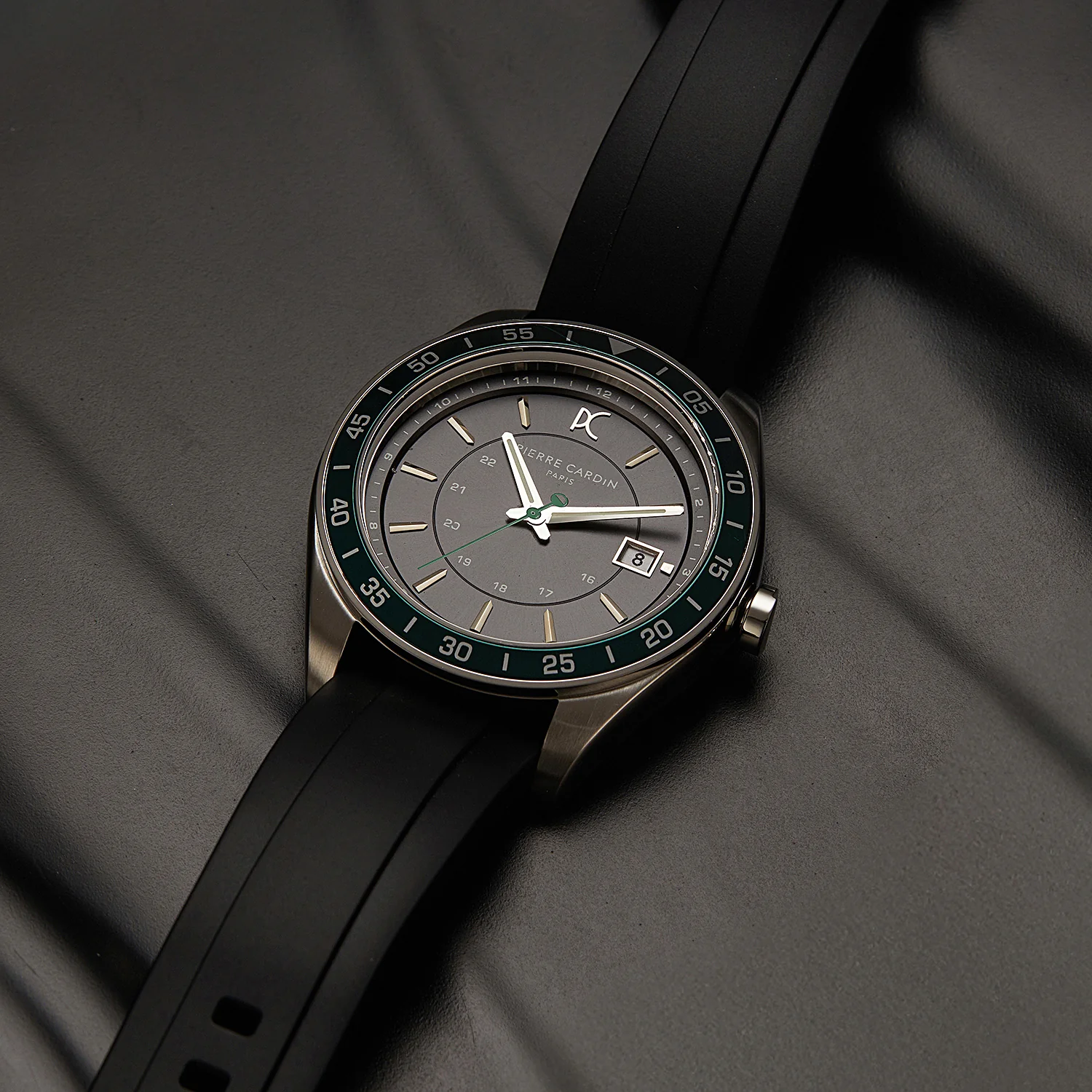 Nation Verre Men’s 42mm Sport Watch - Silver Case, Green Bezel, Black Dial with Black Silicone Strap - Image 5