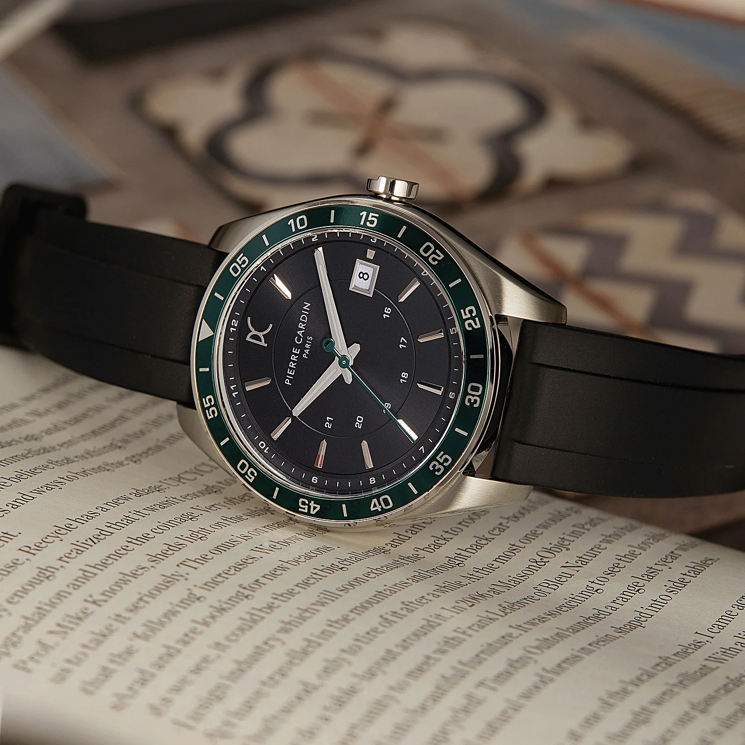 Nation Verre Men’s 42mm Sport Watch - Silver Case, Green Bezel, Black Dial with Black Silicone Strap - Image 6