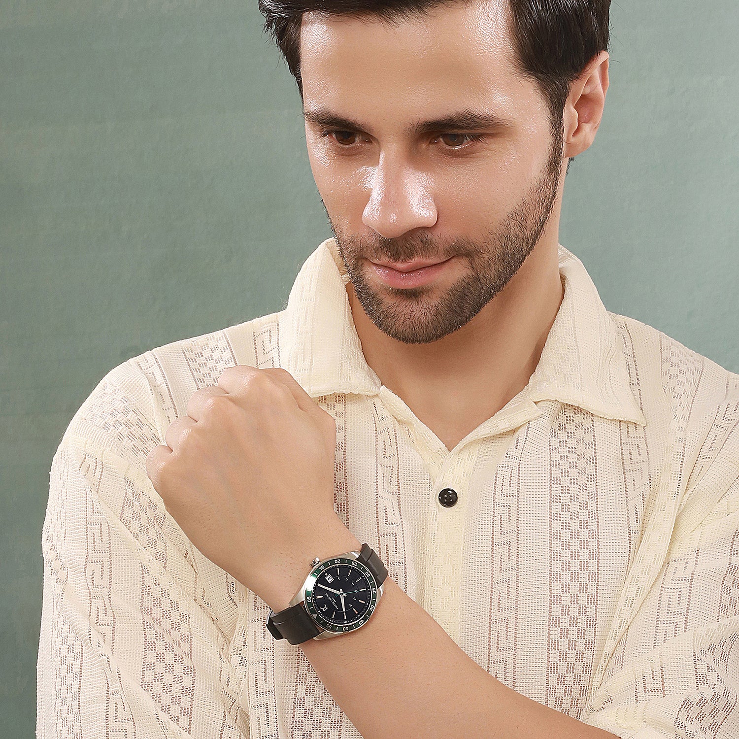 Nation Verre Men’s 42mm Sport Watch - Silver Case, Green Bezel, Black Dial with Black Silicone Strap - Image 8