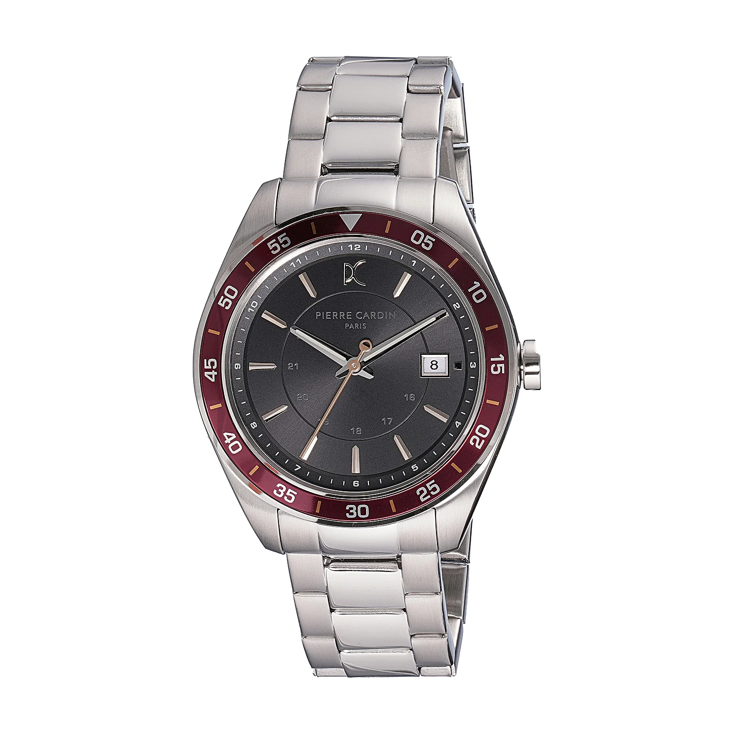 Nation Verre Men’s 42mm Sport Watch - Silver Case, Wine Bezel, Black Dial with Silver Metal Strap