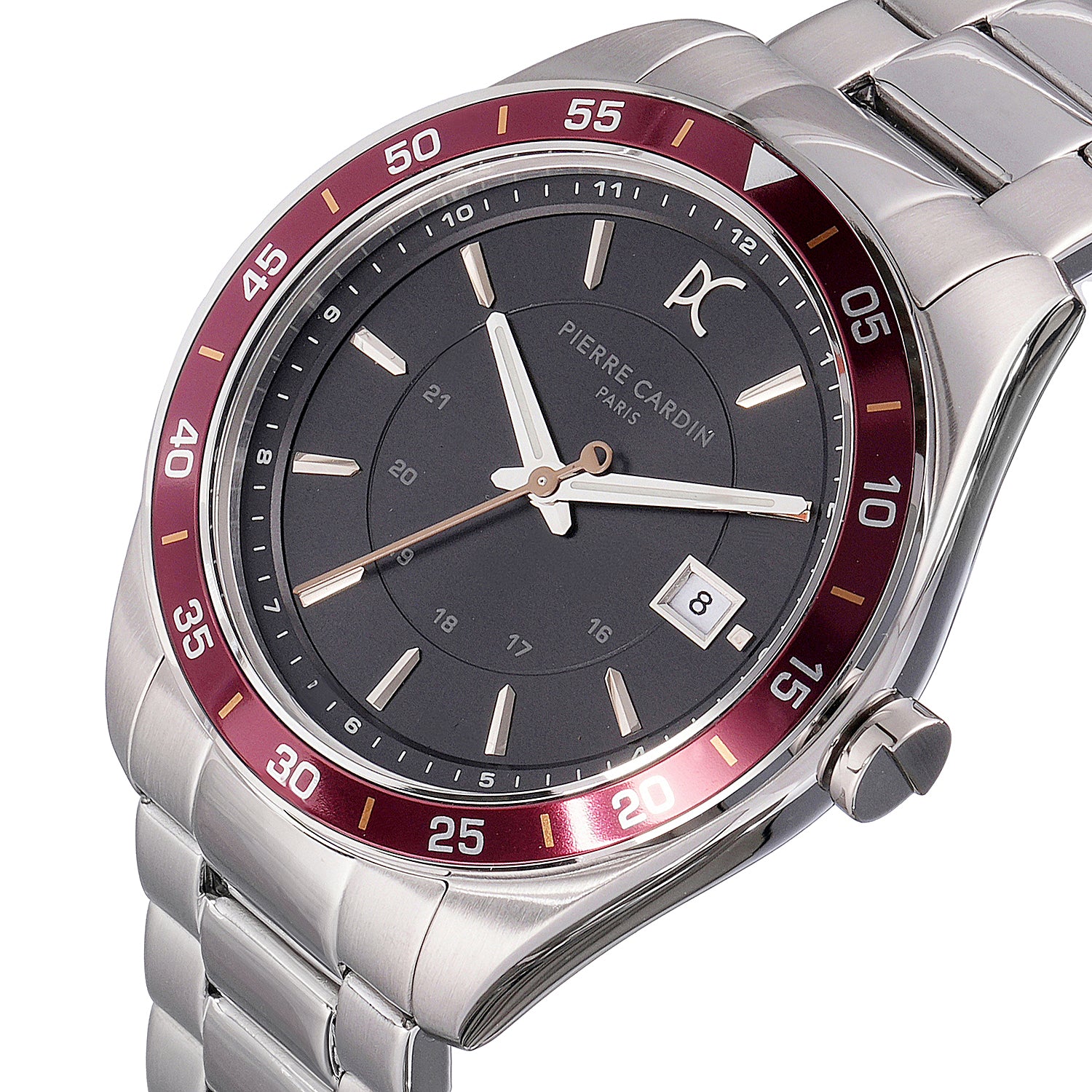 Nation Verre Men’s 42mm Sport Watch - Silver Case, Wine Bezel, Black Dial with Silver Metal Strap - Image 2