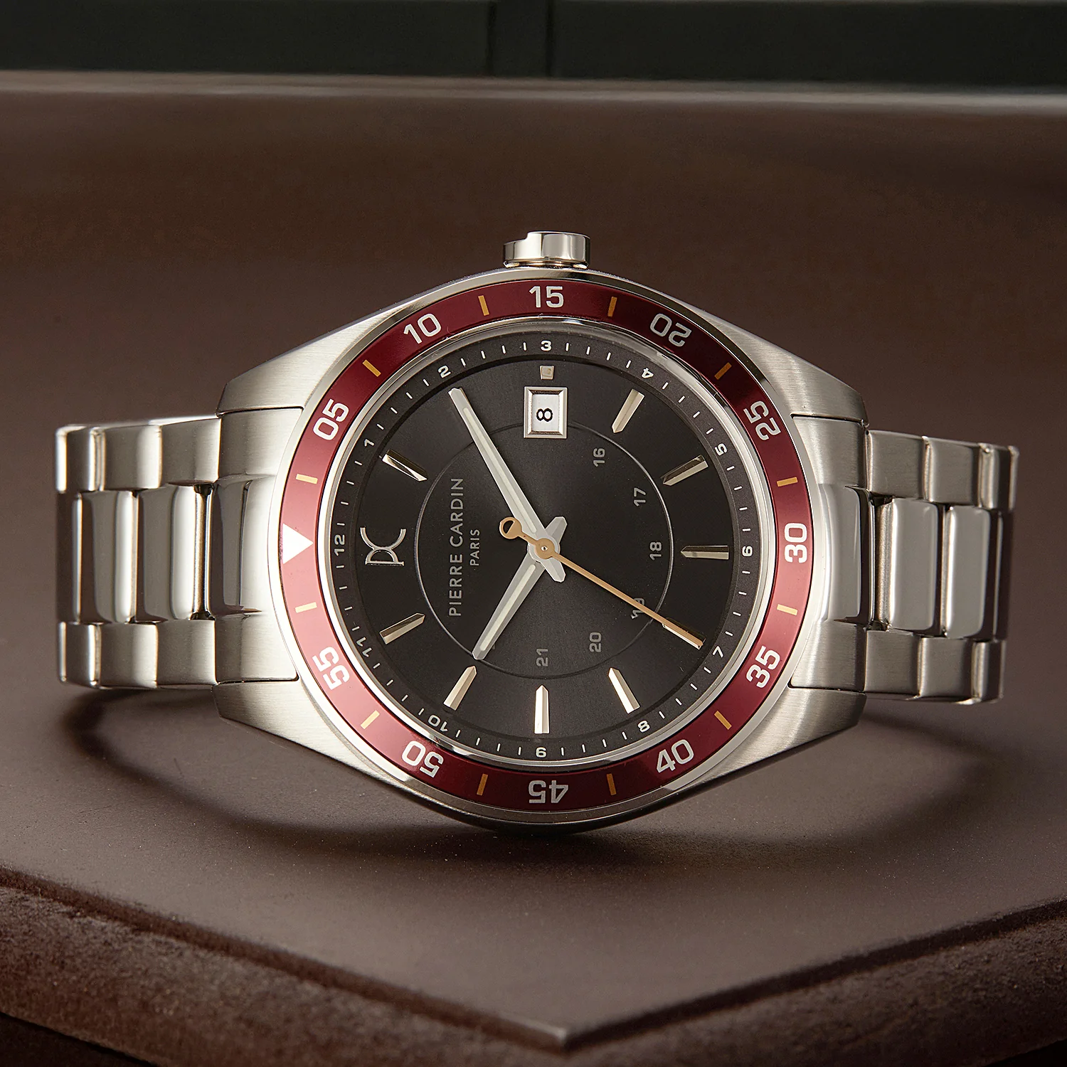 Nation Verre Men’s 42mm Sport Watch - Silver Case, Wine Bezel, Black Dial with Silver Metal Strap - Image 5