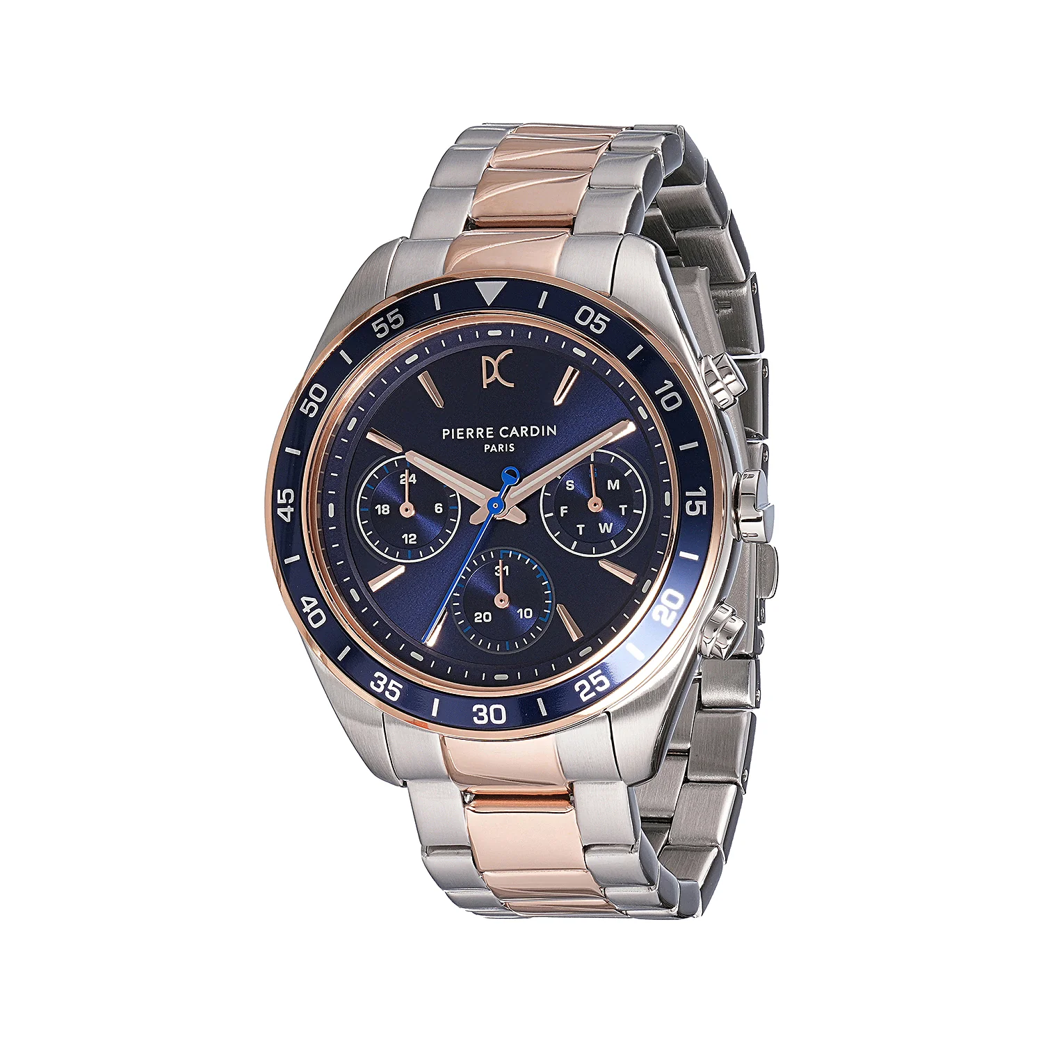 Nation Verre Men’s 42mm Sport Watch - Two-Tone Silver & Rose Gold Case, Blue Bezel, Blue Dial with Silver Metal Strap
