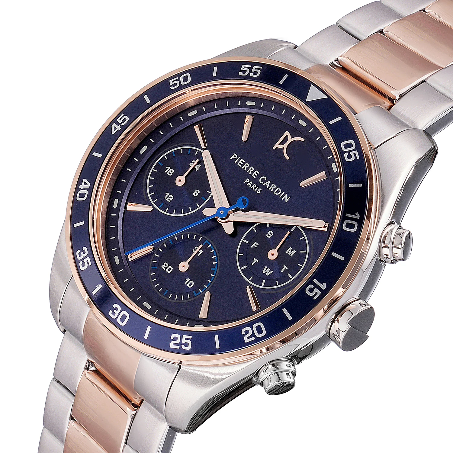 Nation Verre Men’s 42mm Sport Watch - Two-Tone Silver & Rose Gold Case, Blue Bezel, Blue Dial with Silver Metal Strap - Image 2