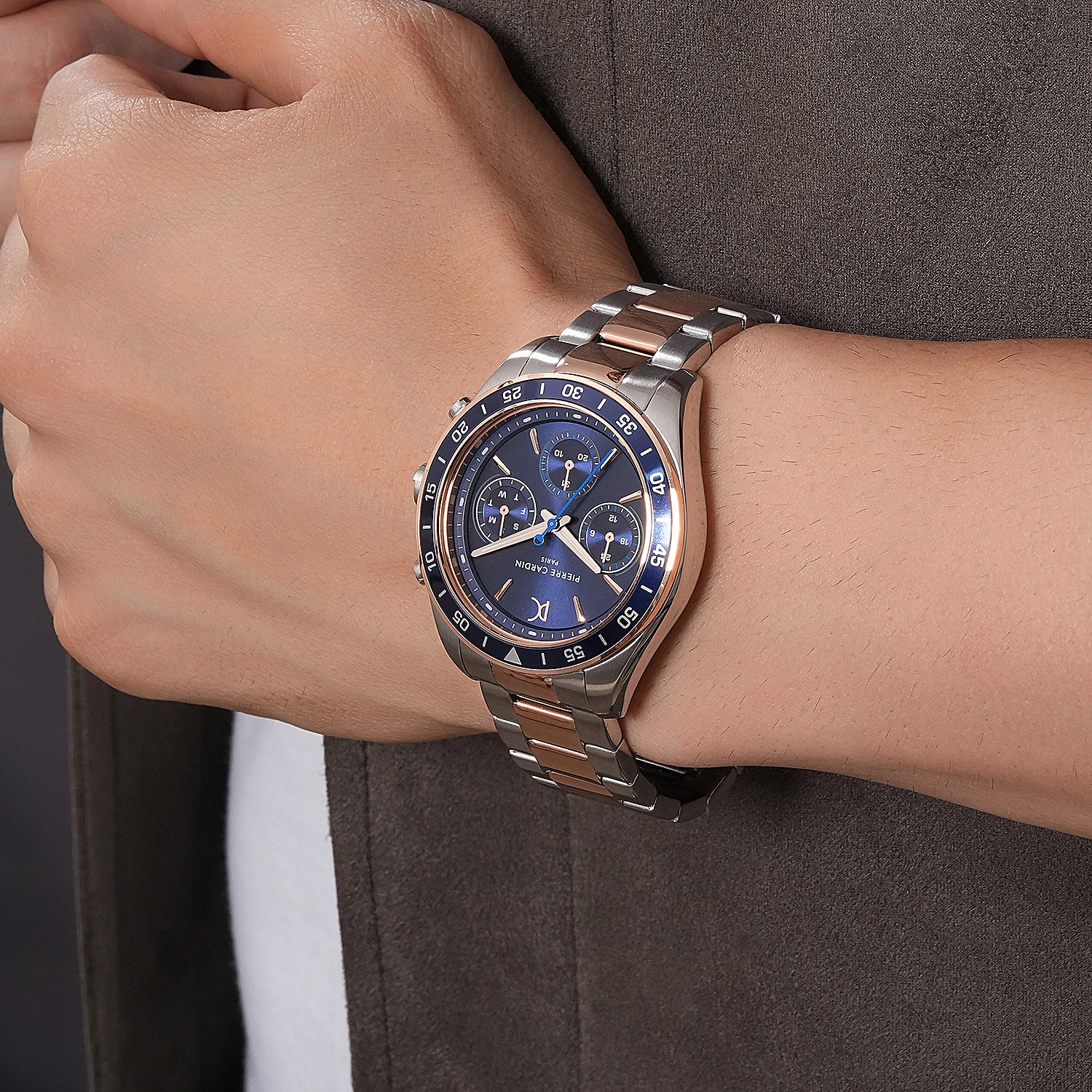 Nation Verre Men’s 42mm Sport Watch - Two-Tone Silver & Rose Gold Case, Blue Bezel, Blue Dial with Silver Metal Strap - Image 7