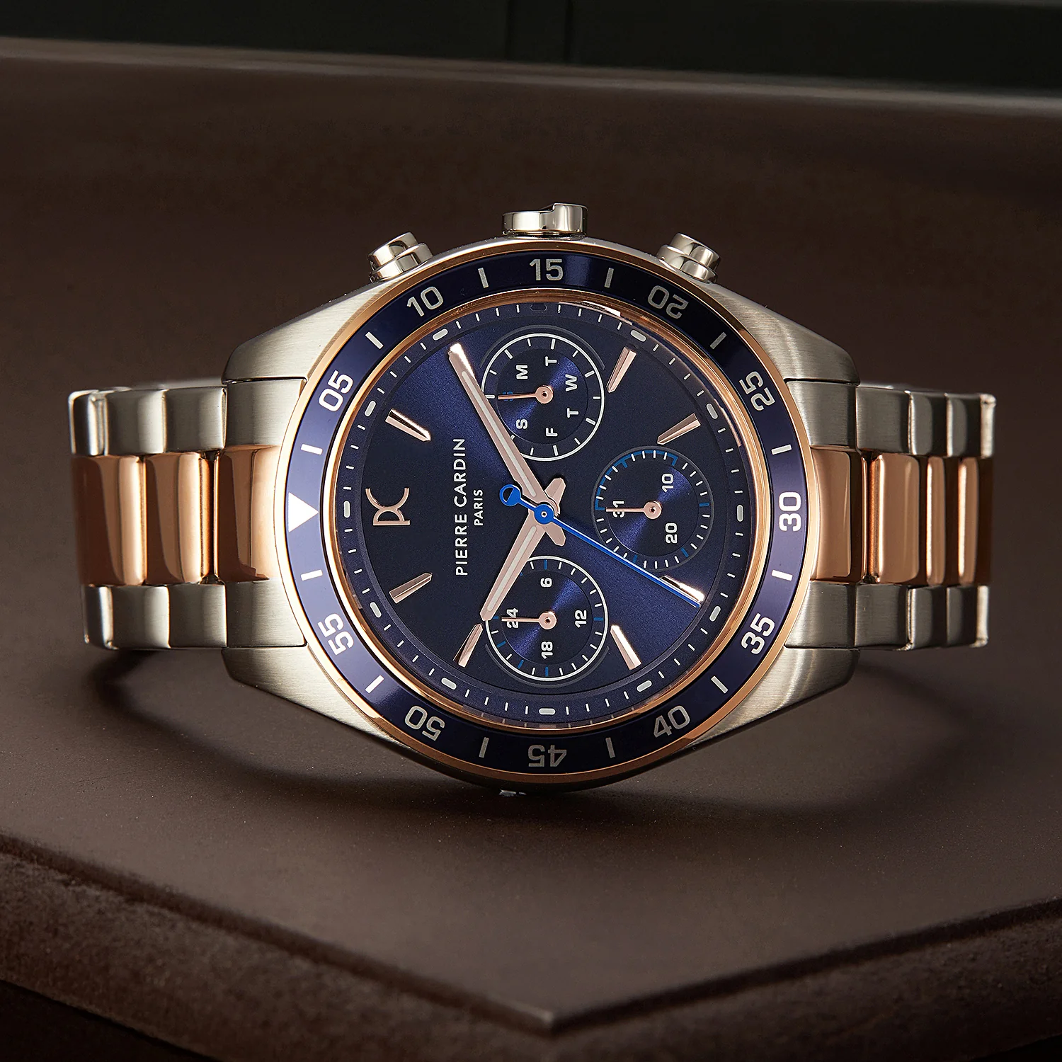 Nation Verre Men’s 42mm Sport Watch - Two-Tone Silver & Rose Gold Case, Blue Bezel, Blue Dial with Silver Metal Strap - Image 8