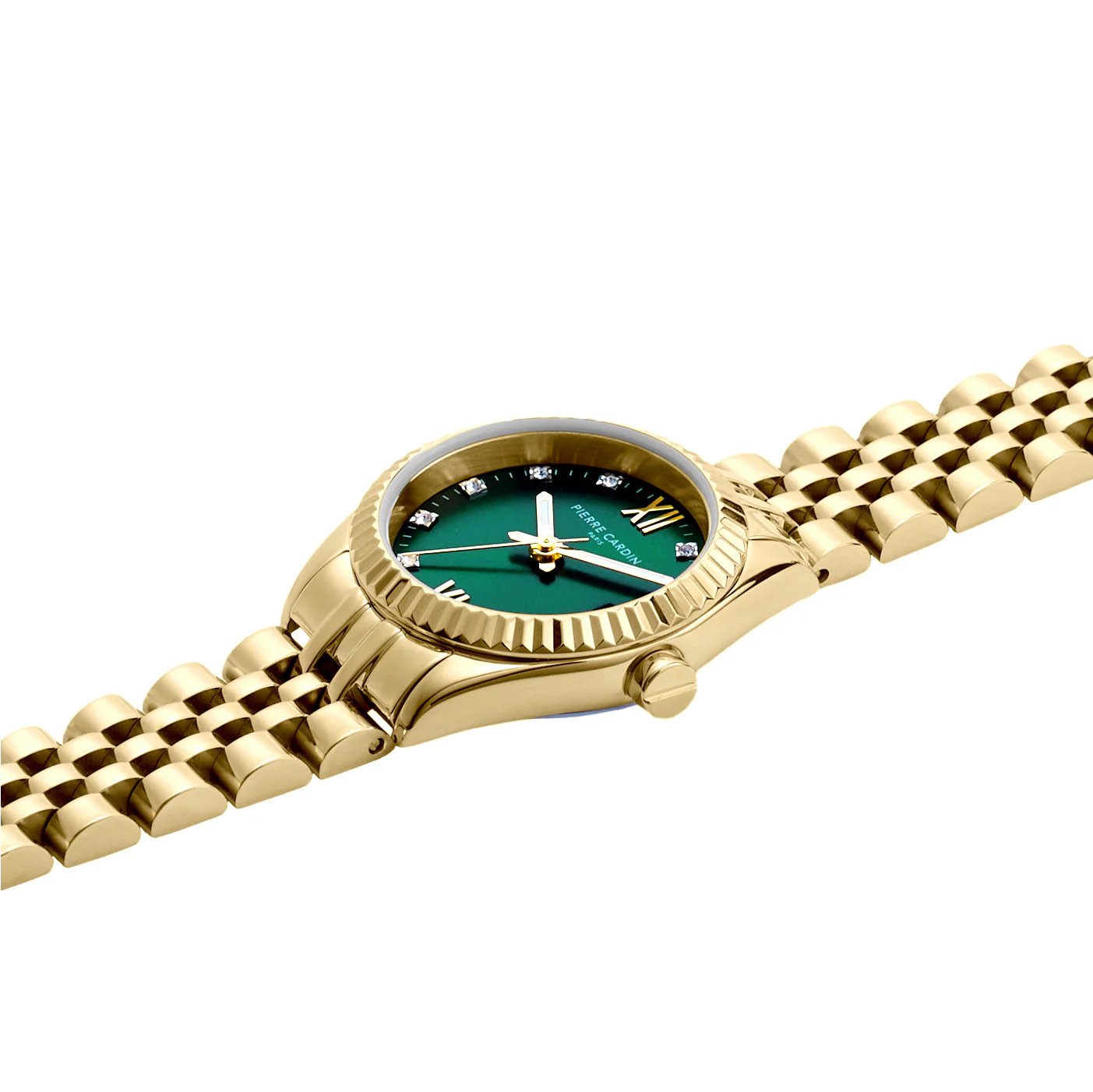 Opera Gold Date Watch with Fluted Bezel and Crystals on a Green Dial - Image 3