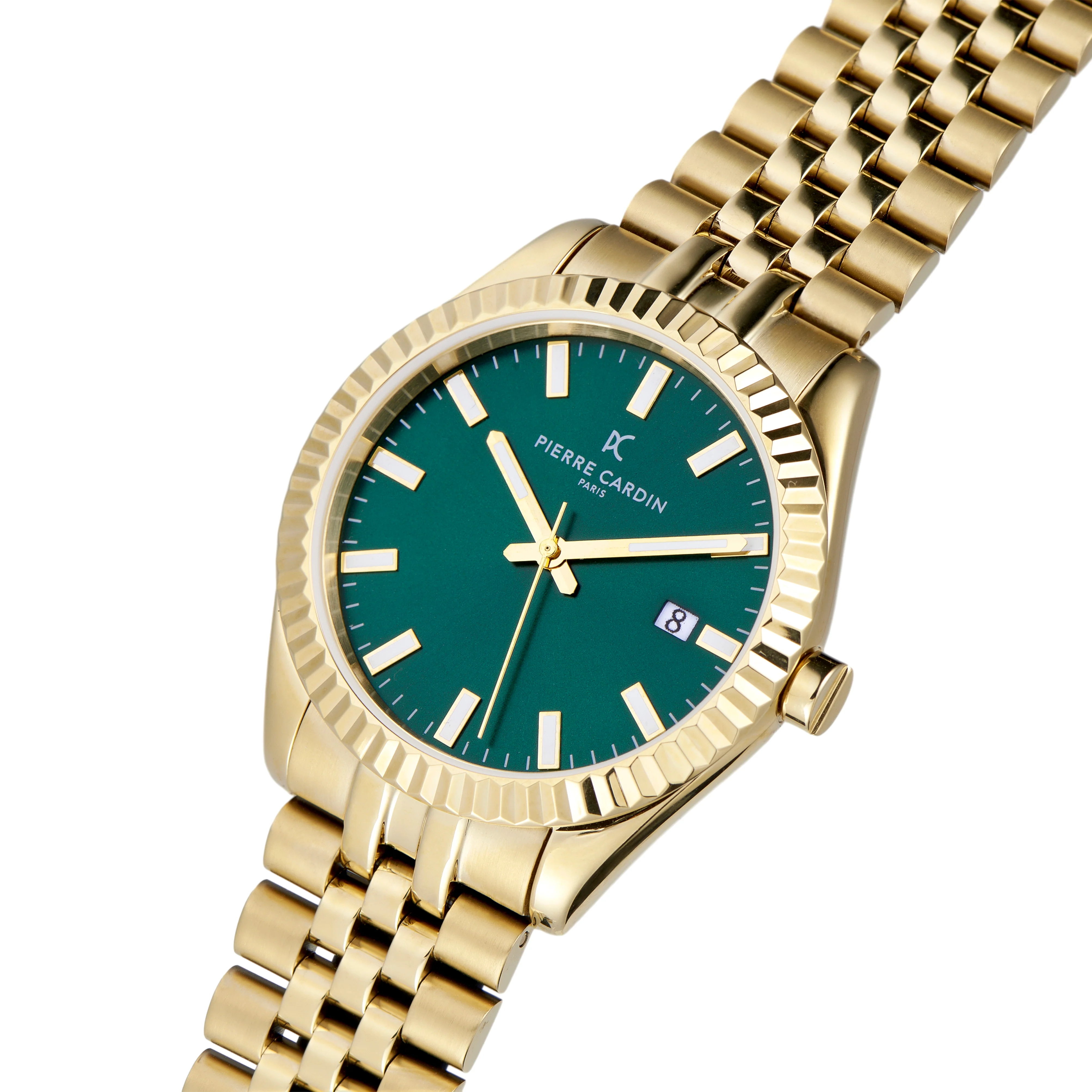 Opera Stainless Gold Watch with Fluted Bezel and Green Dial - Image 2