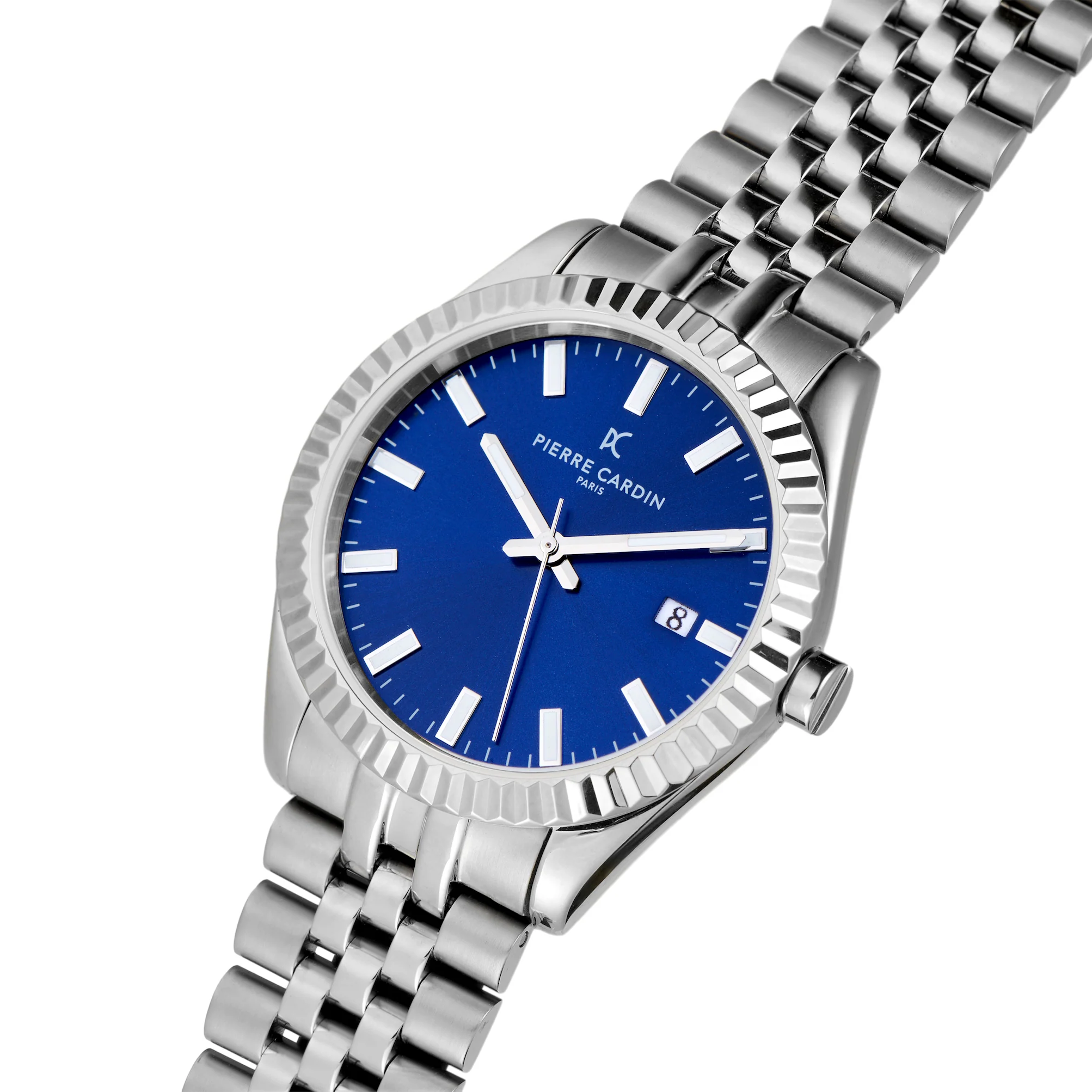 Opera Stainless Steel Date Watch with Fluted Bezel and Blue Dial - Image 2