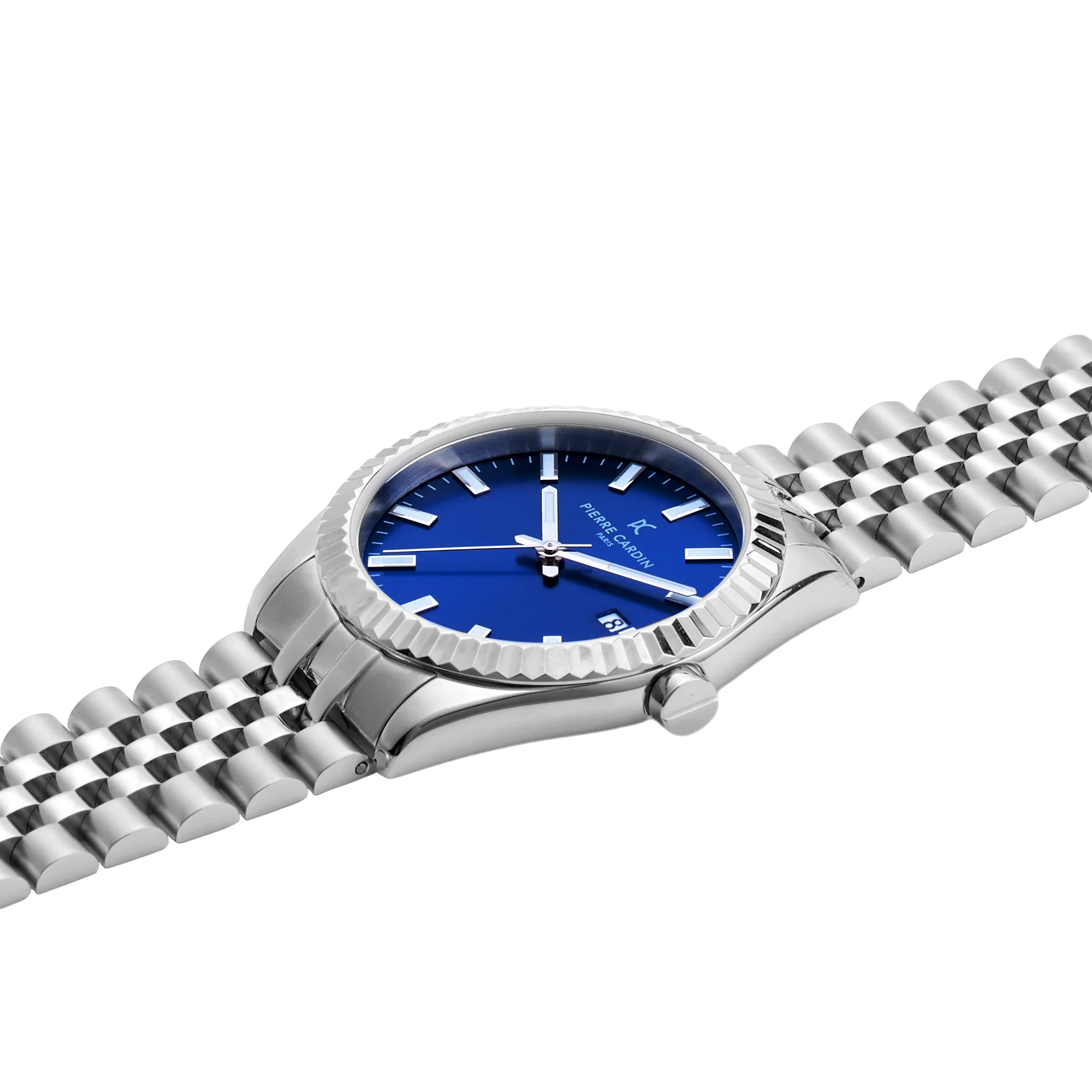 Opera Stainless Steel Date Watch with Fluted Bezel and Blue Dial - Image 3