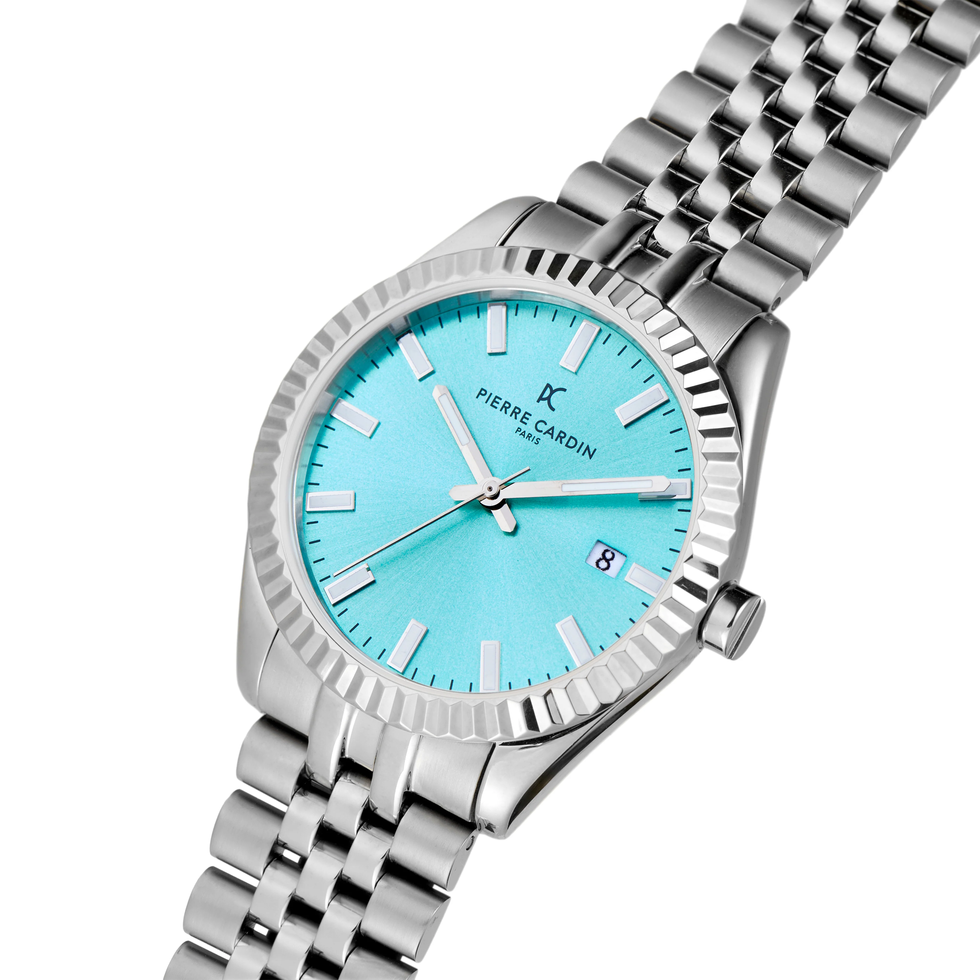 Opera Stainless Steel Date Watch with Fluted Bezel and Celeste Blue Dial - Image 2