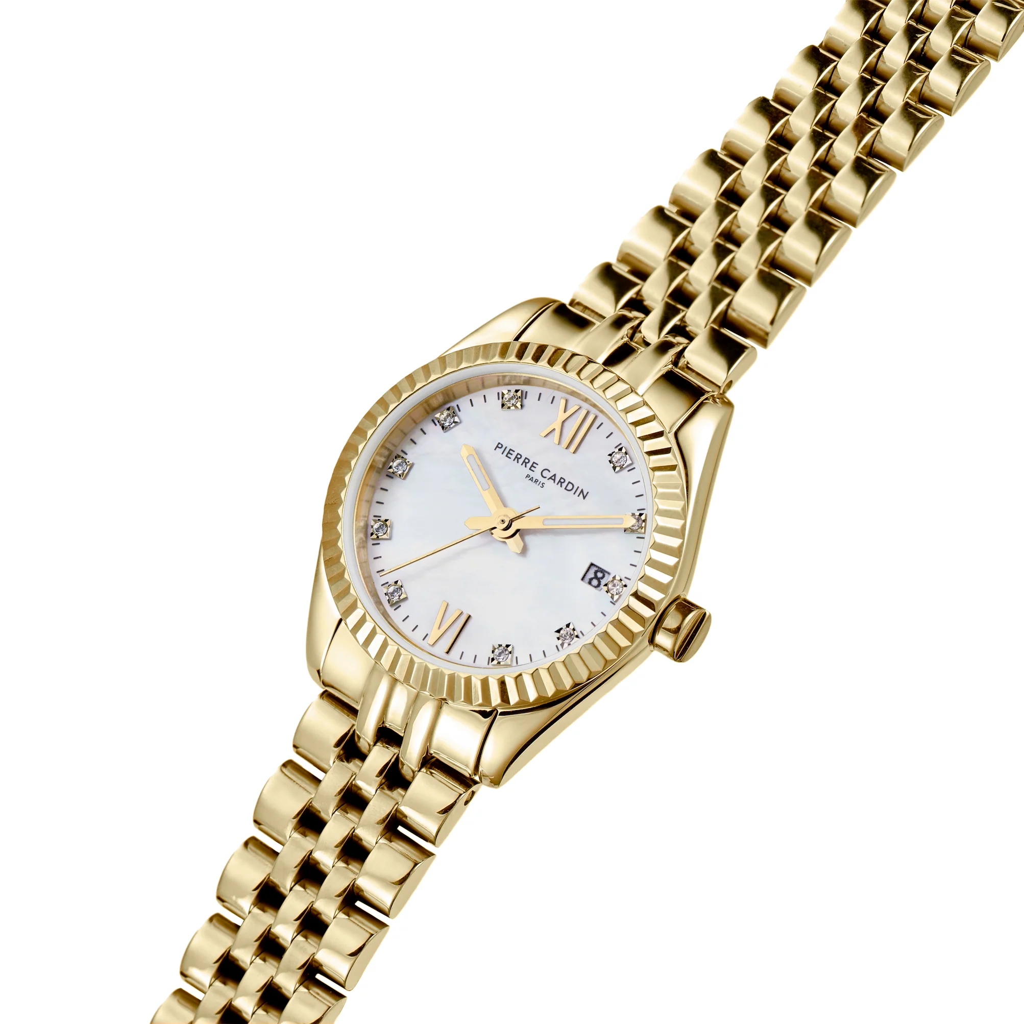 Opera Gold Date Watch with Fluted Bezel and Crystals on a Mother of Pearl Dial Look - Image 2