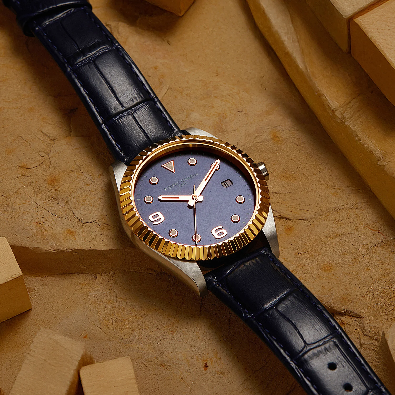 Opéra Timbre Men’s Watch - Two-Tone Case with Gold Bezel, Blue Dial with Gold Markers, and Blue Leather Strap - Image 5