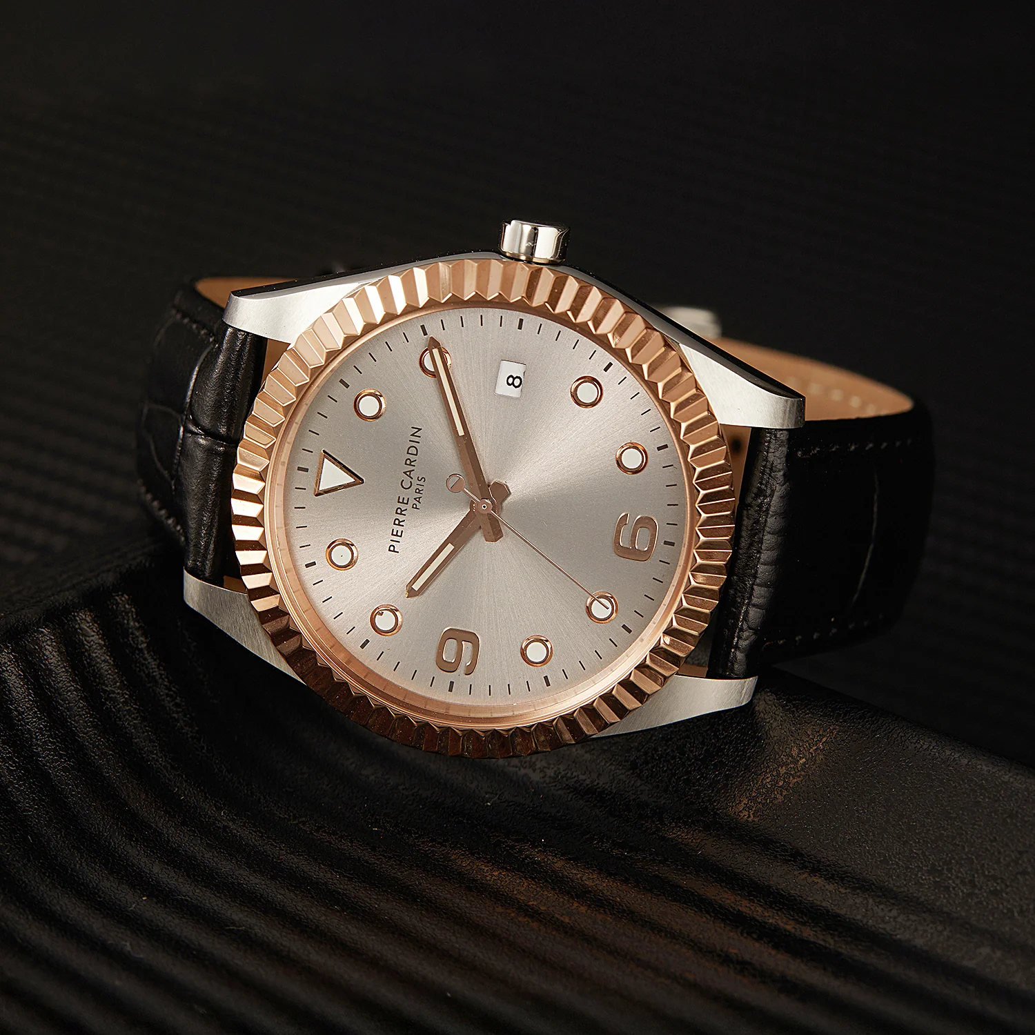Opéra Timbre Men’s Watch - Two-Tone Rose Gold & Silver Case, Champagne Dial with Black Leather Strap - Image 6