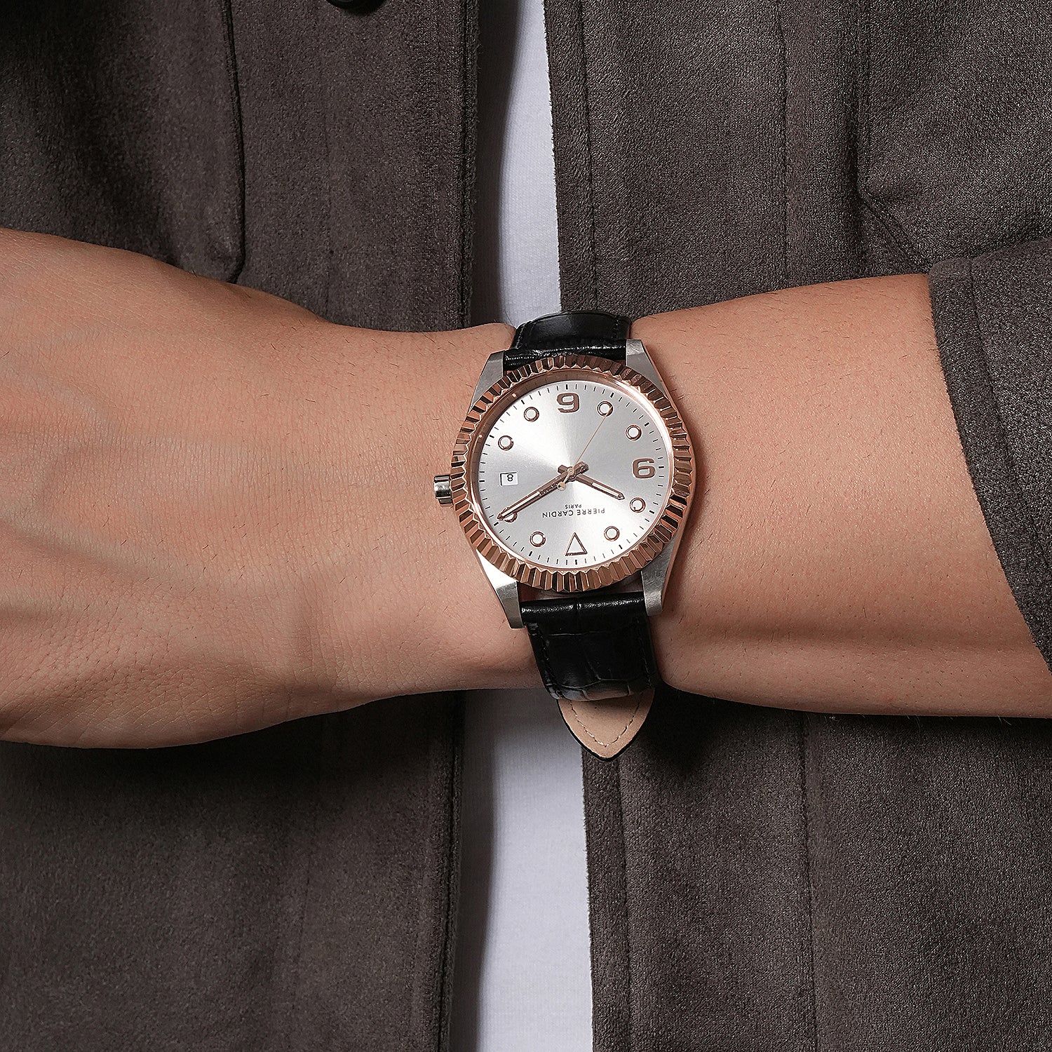 Opéra Timbre Men’s Watch - Two-Tone Rose Gold & Silver Case, Champagne Dial with Black Leather Strap - Image 7