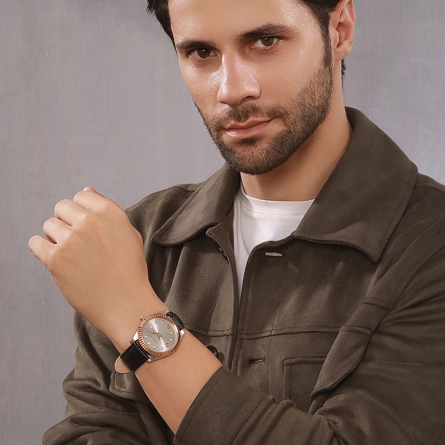 Opéra Timbre Men’s Watch - Two-Tone Rose Gold & Silver Case, Champagne Dial with Black Leather Strap - Image 8