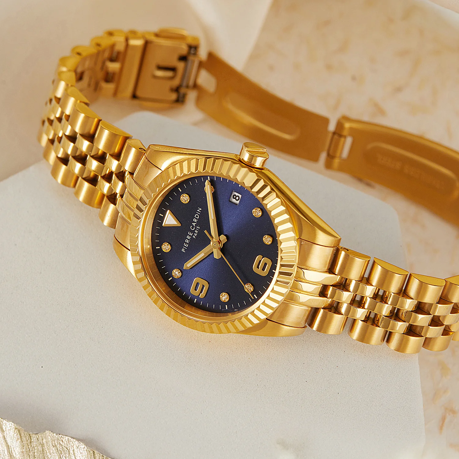 Opéra Timbre Women’s Watch - Gold Case, Blue Dial with Crystal Indexes and Gold Jubilee Strap - Image 6