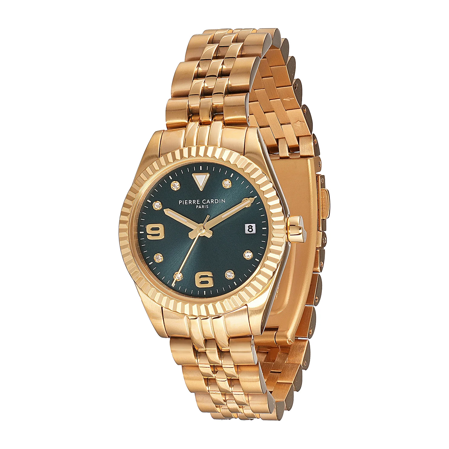 Opéra Timbre Women’s Watch - Gold Case, Dark Green Dial with Crystal Indexes and Gold Jubilee Strap - Image 2
